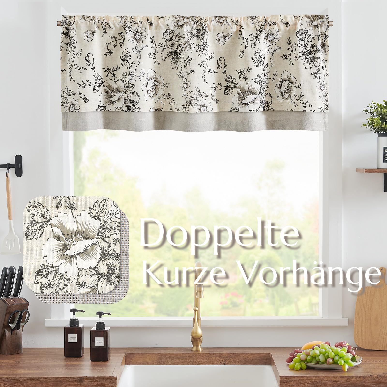 TOPICK Linnengordijnen, bloemmotieven met plooiband, lichtdoorlatend, boerderij, lange gordijnen, raamsjaal voor woonkamer, slaapkamer, raam, set van 2, 140 B x 245 H (cm), grijs op beige
