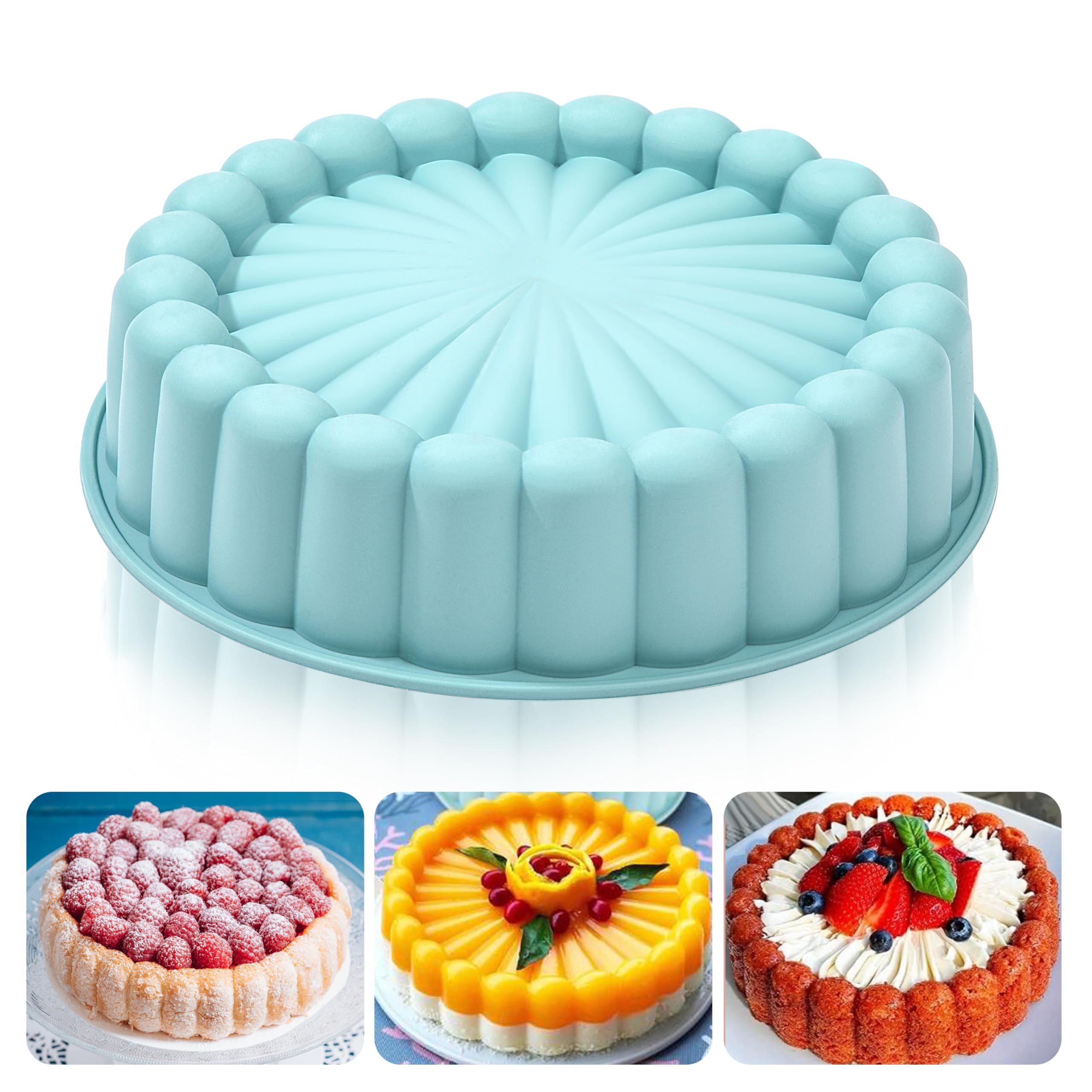 Heveer Silicone Charlotte Cake Pan 10 Inch Nonstick Round Silicone Molds Reusable Cake Mold Fluted Cake Pan for Baking Strawberry Shortcake Cheesecake Blue — image 1