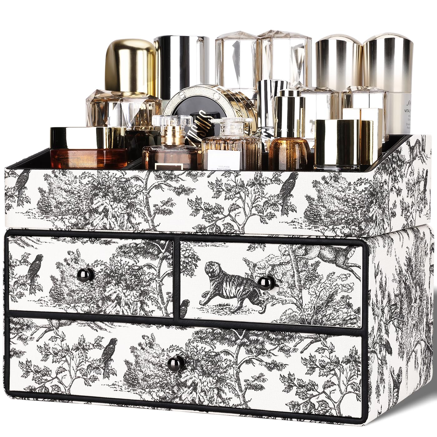 GORESE Organizzatore per Cosmetici, 2 Ripiani 3 Cassetti Organizer Trucchi in Pelle Porta Trucchi Organizer da Scrivania Organizer Bagno per Camera da Letto, Bagno, Tavolo da Toeletta(Vintage Nero)
