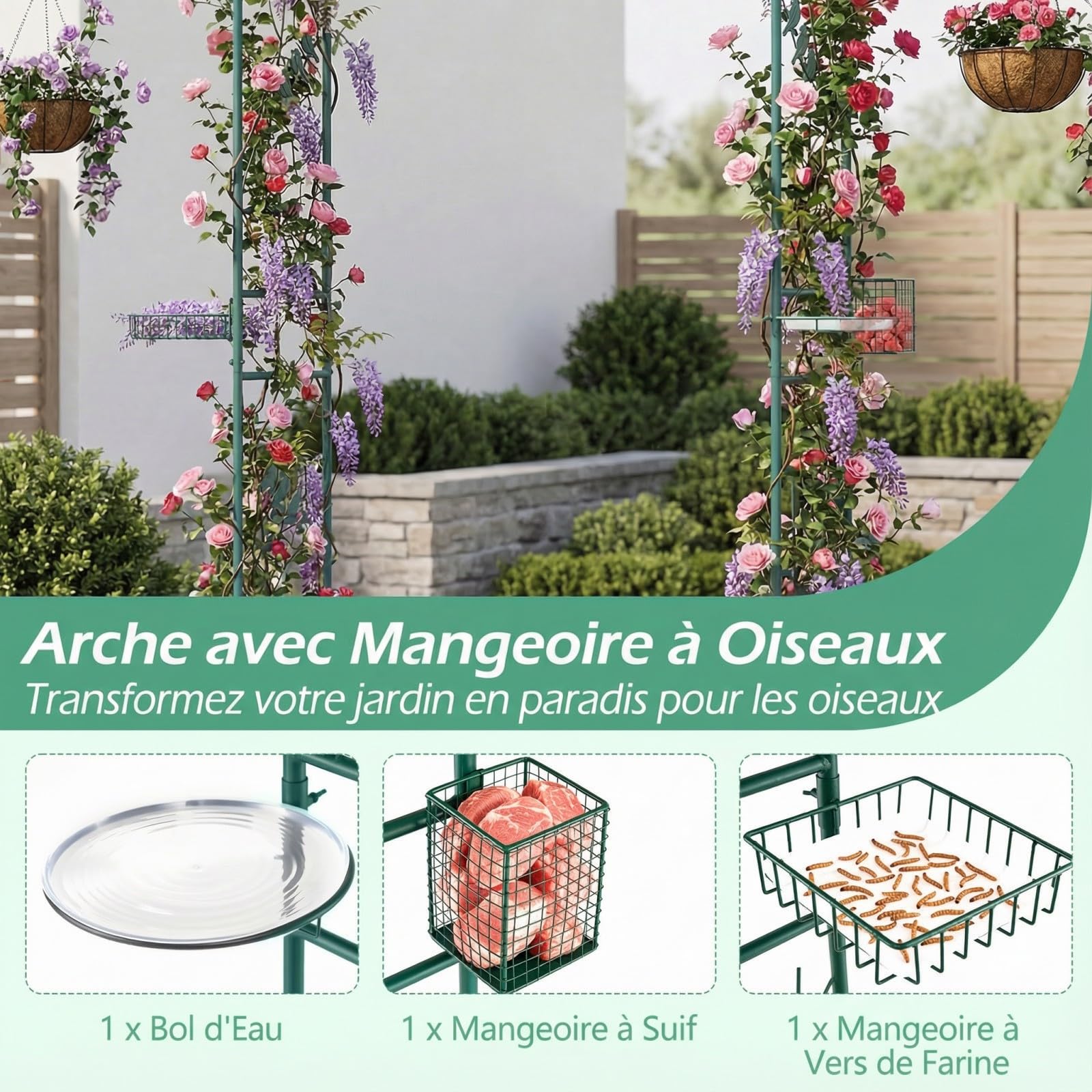 RELAX4LIFE Arche Jardin Métal 2M avec Mangeoire à Oiseaux, Arche avec Treillis pour Plantes Grimpantes, Panier, Crochets, Support pour Rosier Raisin Concombre (Vert)
