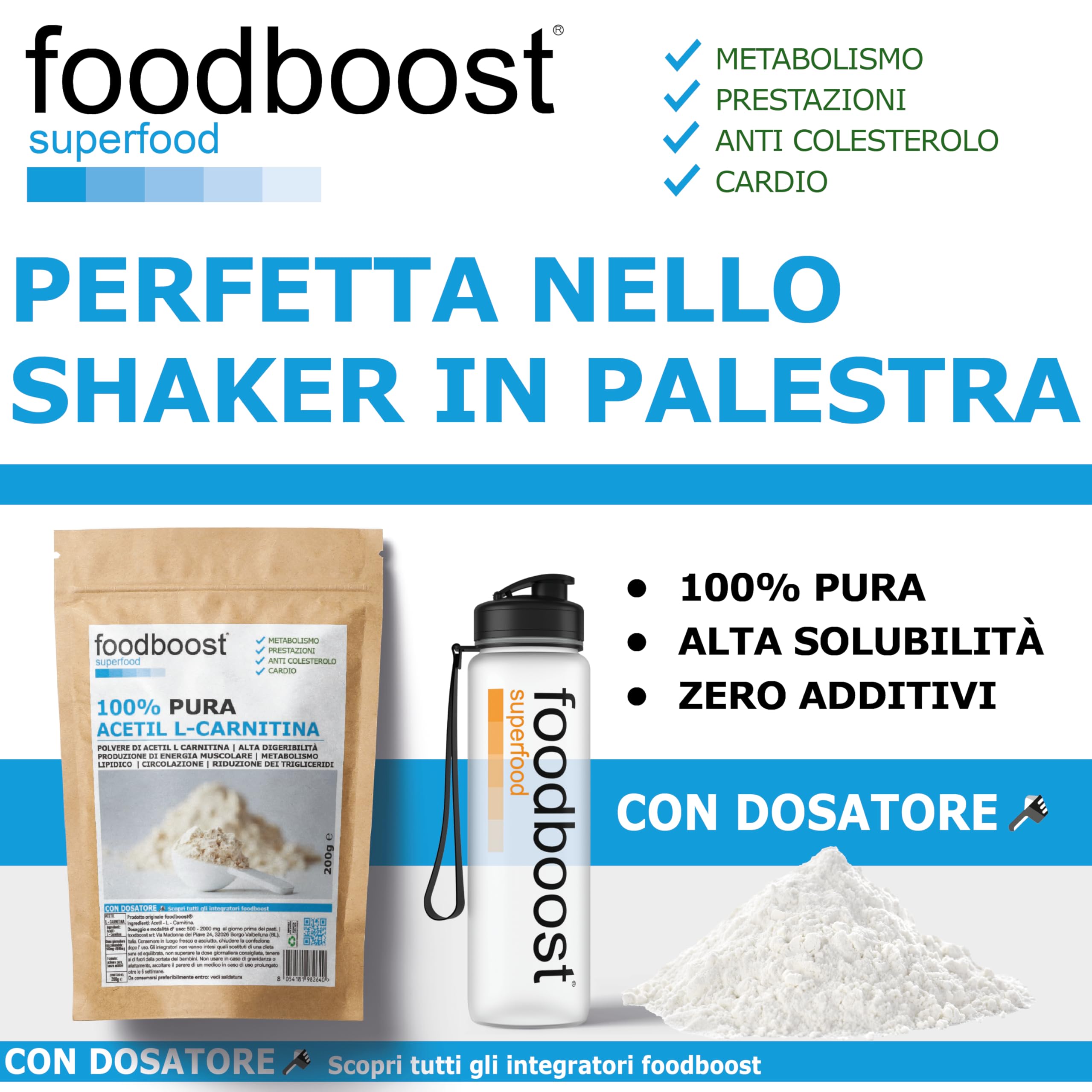 foodboost, Acetil L - Carnitina pura in polvere 200g senza additivi - con dosatore - per dimagrimento, bruciagrassi marchio di fiducia italiano, pre workout - 100 DOSI