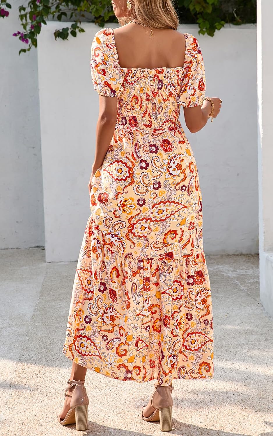 PRETTYGARDEN Womens Summer Dresses 2025 Casual Boho Floral Puff Short Sleeve Flowy Maxi Dress Smocked V Neck Sun Dresses - Image 5