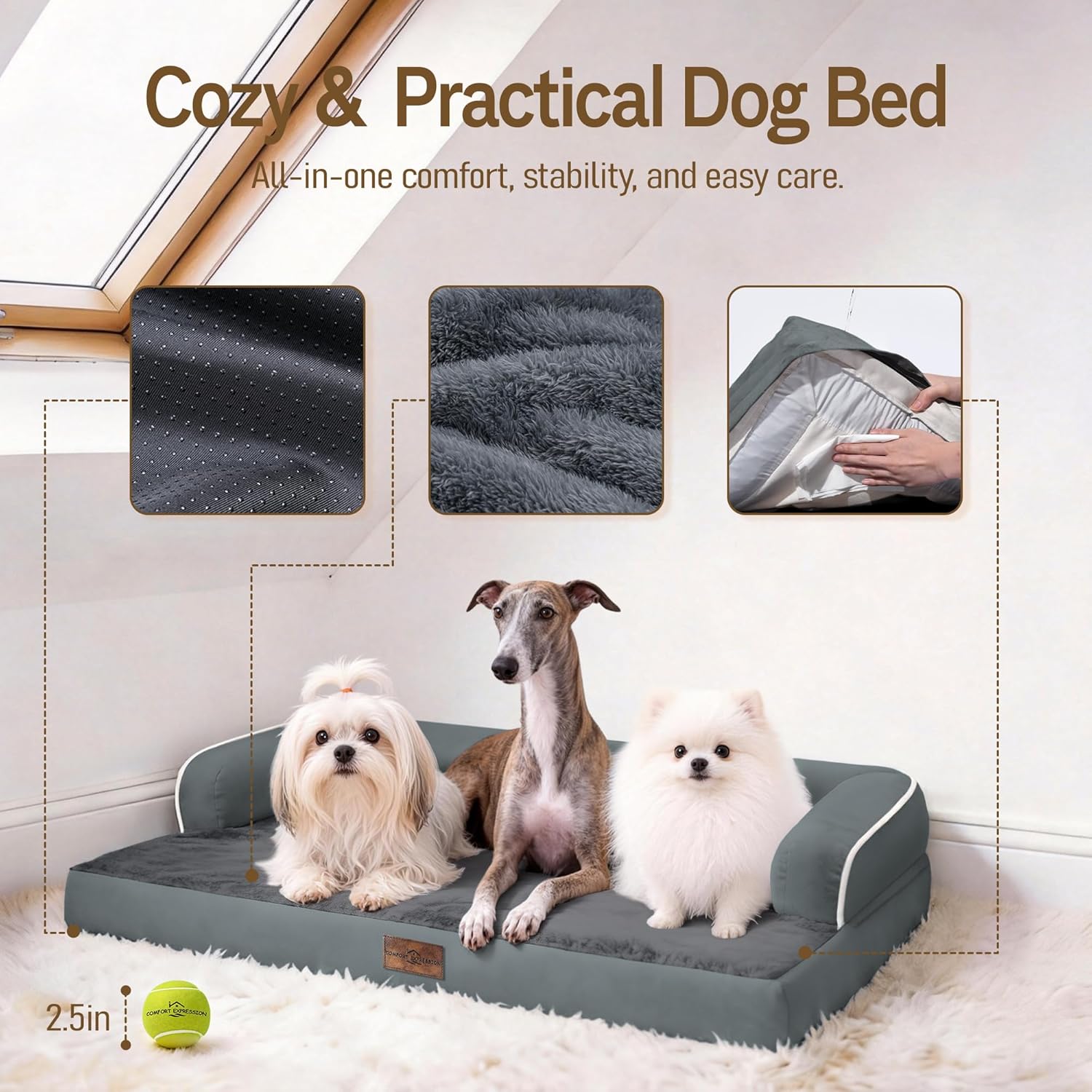 Comfort Expression Extra Large Dog Bed - XL Washable Orthopedic Dog Bed Waterproof Pet Couch Memory Foam Sofa Bolster with Removable Cover - 42 x 30