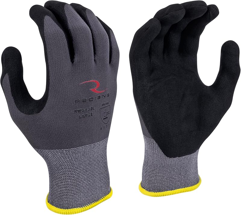 Radians Unisex Industrial Work Glove - Construction: Nylon Shell with Foam Nitrile Palm Dip - Gray - Standard Size XL