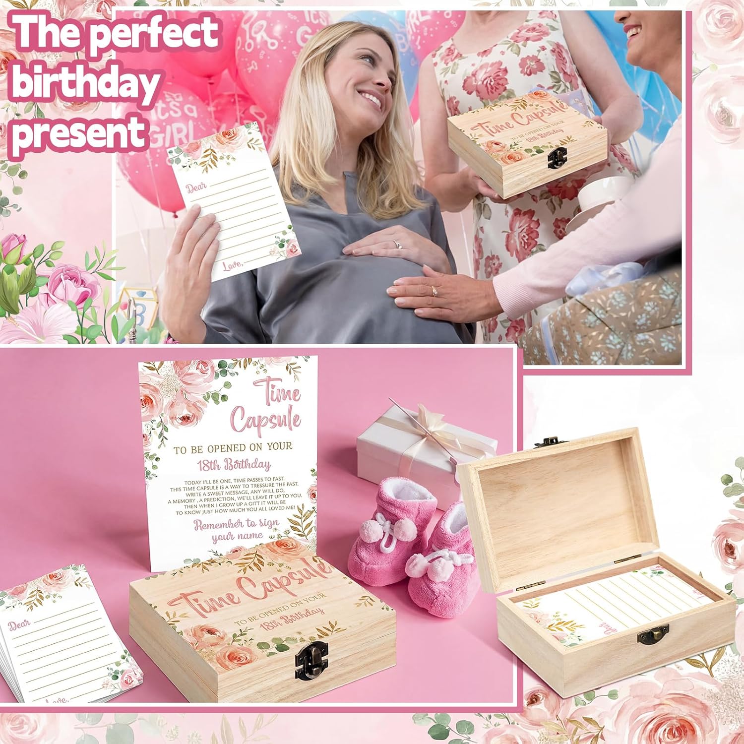 Fuutreo Time Capsule Box 1st Birthday Time Capsule First Birthday Party Games, 1st Activities for Guests, Advice and Wishes Cards Gift Keepsake for Party Supplies (Pink Flower)