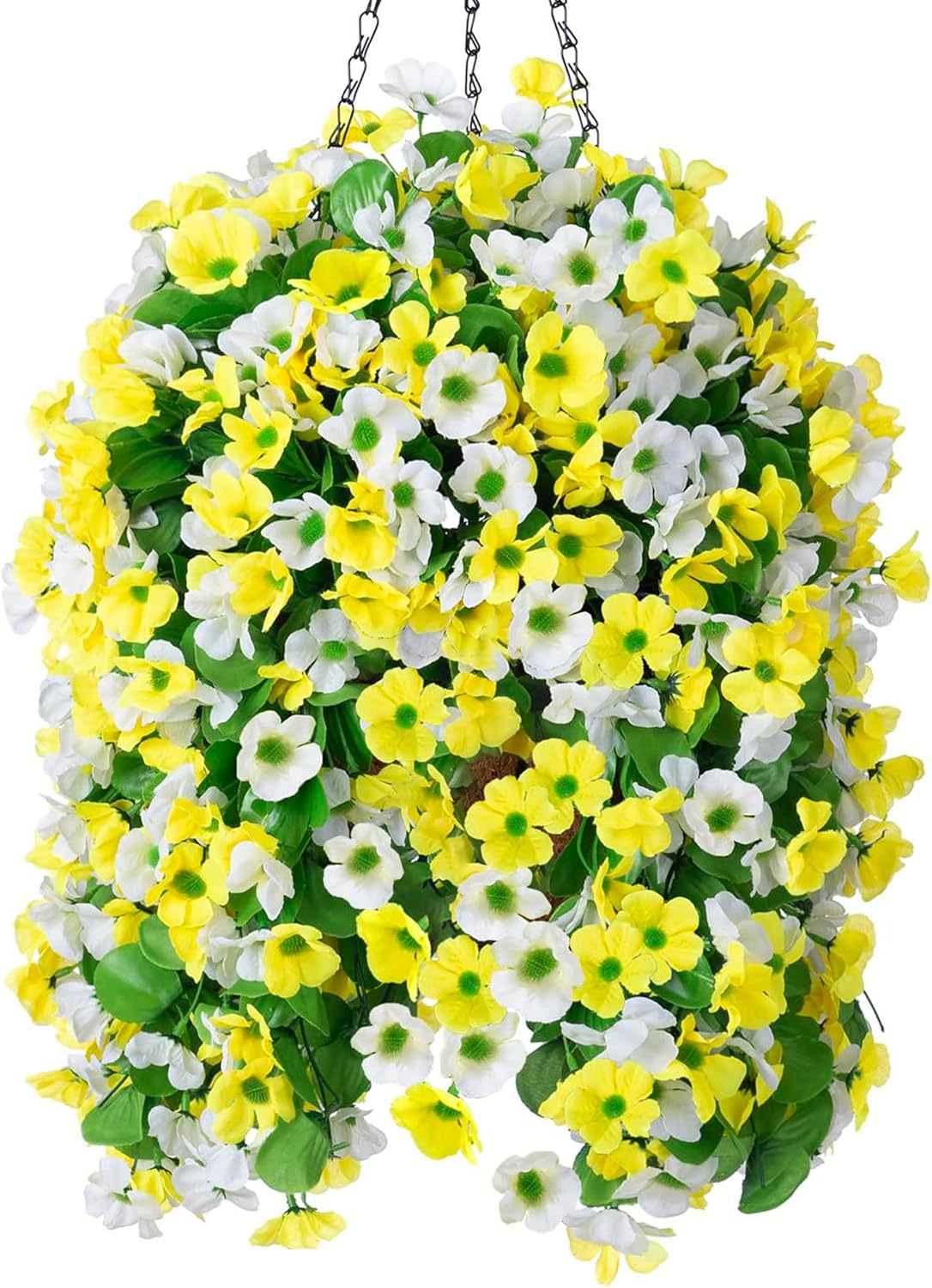 Ammyoo Artificial Hanging Flowers in 12 inch Basket, Fake Plant Silk Orchid Flower Arrangement with Coconut Lining Pot Planter for Patio Garden Porch Deck Spring Summer Decor(Dark Purple)