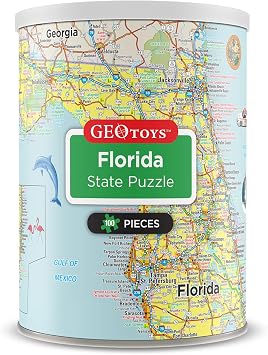 Geotoys Florida Mini State Puzzle 100 Piece Puzzles for Kids and Adults in Portable Can, 13" x 10" Educational Travel Puzzle for Ages 7 and Up Mini Puzzles to Learn & Explore Geography