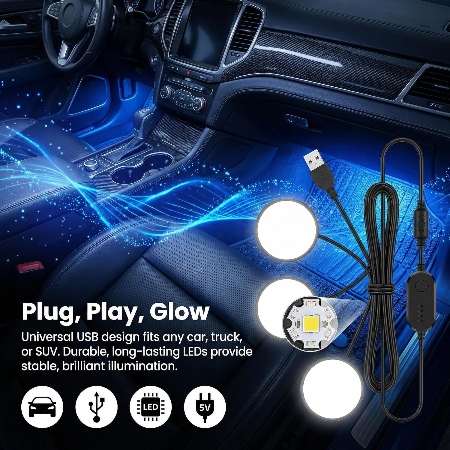 Car LED Interior Lights,4 Pack USB Ambient Footwell Lighting Kit for Cars Trucks SUVs, Plug and Play Under Dash LED Lights for Vehicle Interior Decoration Accessories,Pink