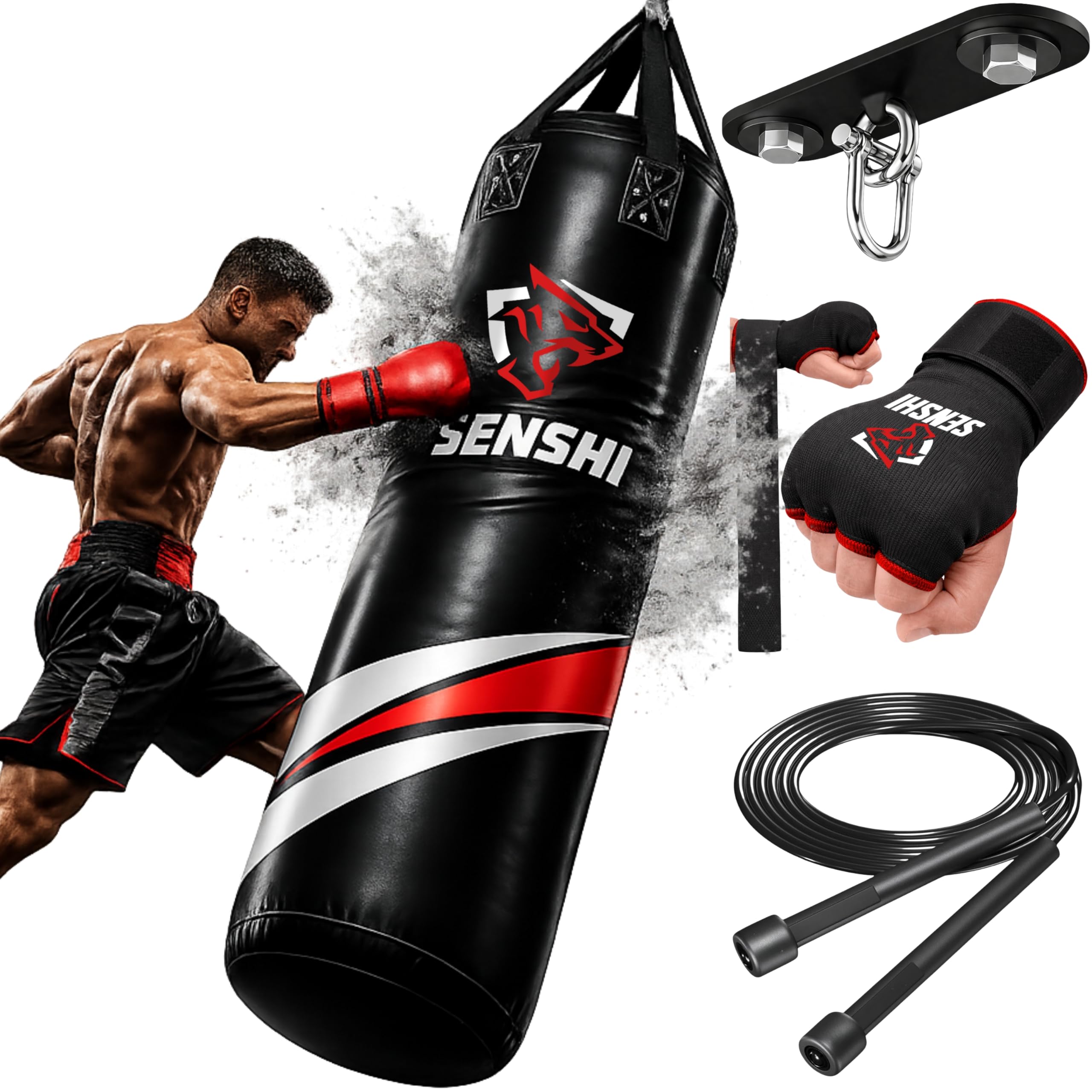 Senshi Japan Outdoor Punch Bag Boxing Heavy Filled Punching Sandbag 4ft Set, Kickboxing MMA Muay Thai Karate BJJ Punchbags Training Equipment