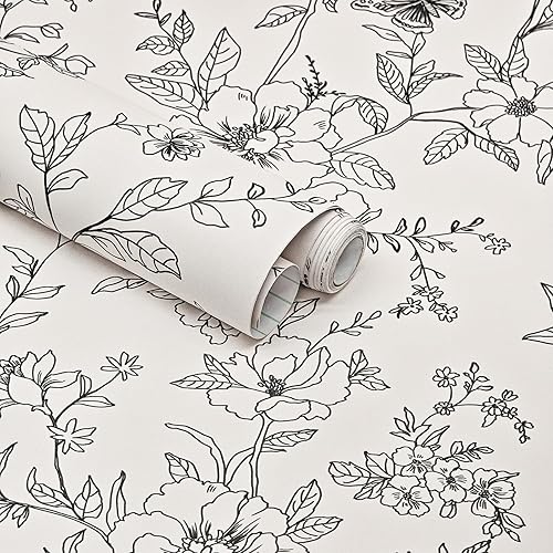Black and Cream White Floral Wallpaper Peel and Stick Wallpaper Boho 17.3"×78.8" Vintage Butterfly Flower Removable Self Adhesive Wall Paper for Bedroom Floral Contact Paper for Cabinets Mural Decor