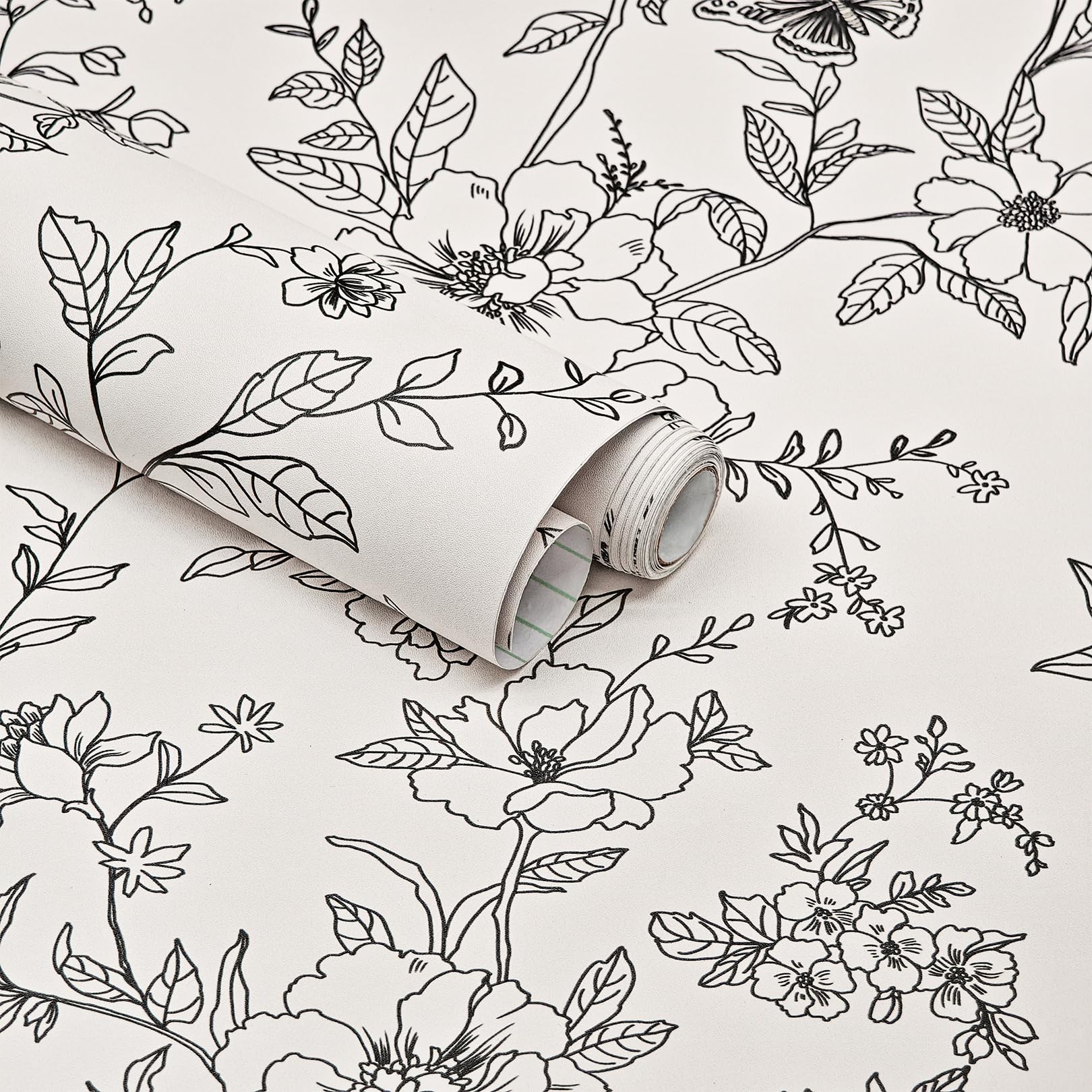 Black and Cream White Floral Wallpaper Peel and Stick Wallpaper Boho 17.3"×78.8" Vintage Butterfly Flower Removable Self Adhesive Wall Paper for