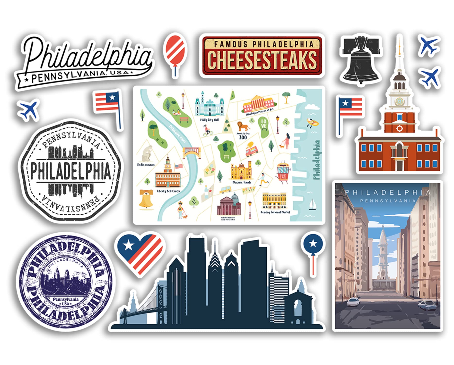 Dv Design Multi A5 Sticker Sheet Philadelphia Landmarks Vinyl Stickers - Pennsylvania America States Usa American Airport Stamps Skyline Flag Map Travel Holiday Scrapbooking City Luggage #79154