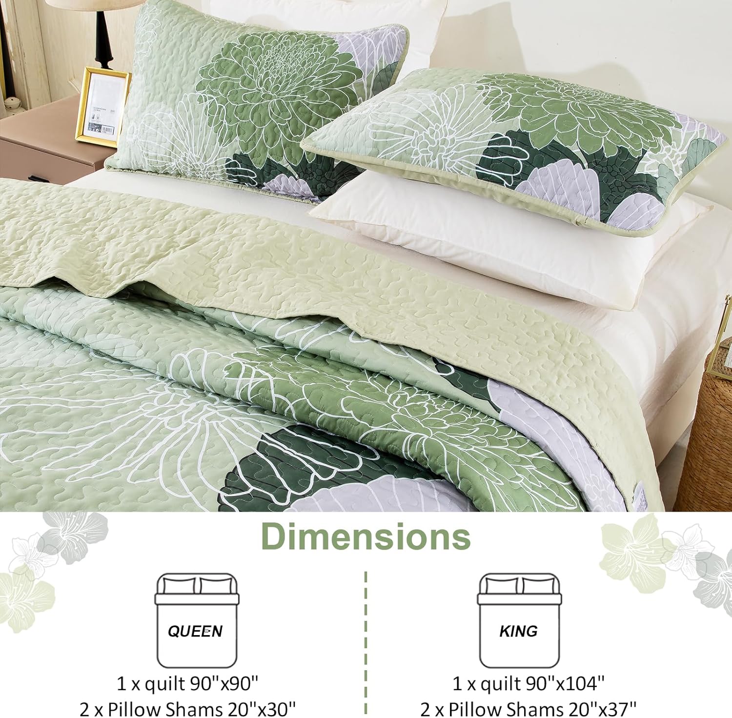 Yiran Floral Quilt Set Queen Size Sage Green Botanical Bedspreads Bedding Set 3 Pieces Lightweight Summer Coverlet with 2 Pillow Shams 96x90 Inch - Image 6