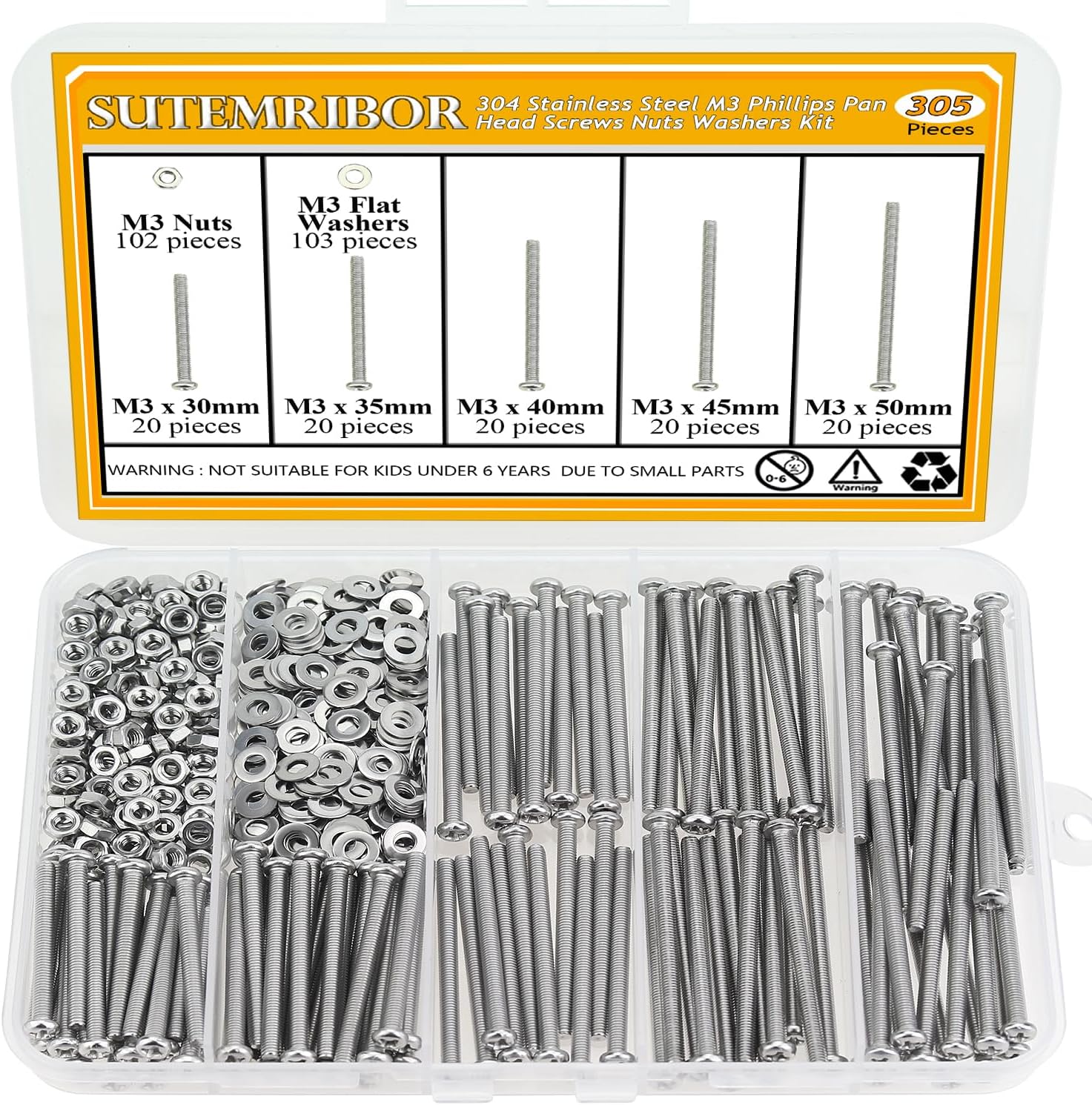 305 Pieces M3 x 30/35/40/45/50mm Machine Screws Nuts Washers Set, Sutemribor M3 Long Screws, M3 Phillips Pan Head Machine Screws Nuts Washers Assortment Kit, 304 Stainless Steel, Fully Threaded