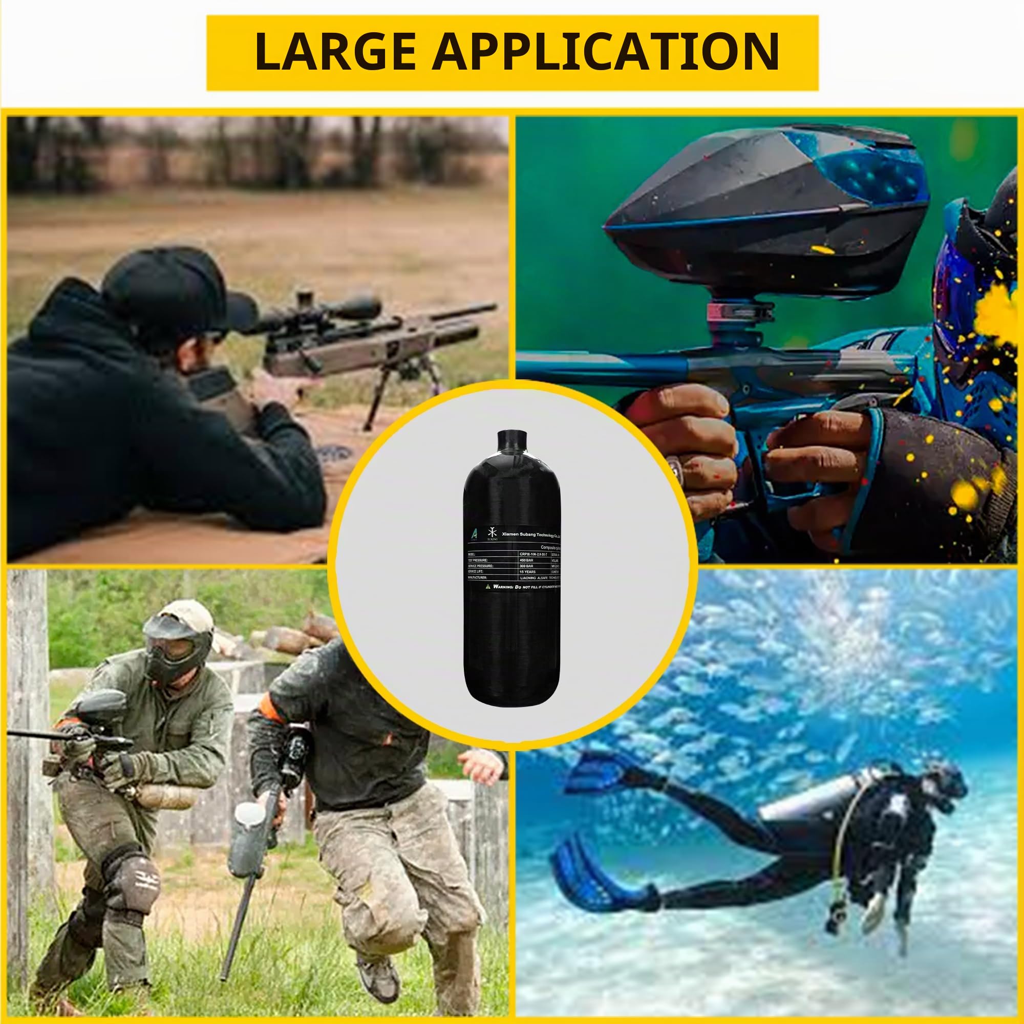 TUXING Réservoir à air en fibre de carbone 4500psi 2 l (bouteille d'empty & station de remplissage de paintball avec valve double calibre pour PCP Air Rifle, plongée, snorkeling, sports nautiques