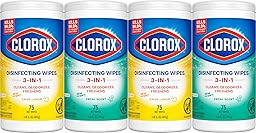 Clorox Disinfecting Cleaning Wipes for Spring Cleaning & Allergy Season, Bleach Free, Fresh Scent and Crisp Lemon, 75 Count Each, Pack of 4