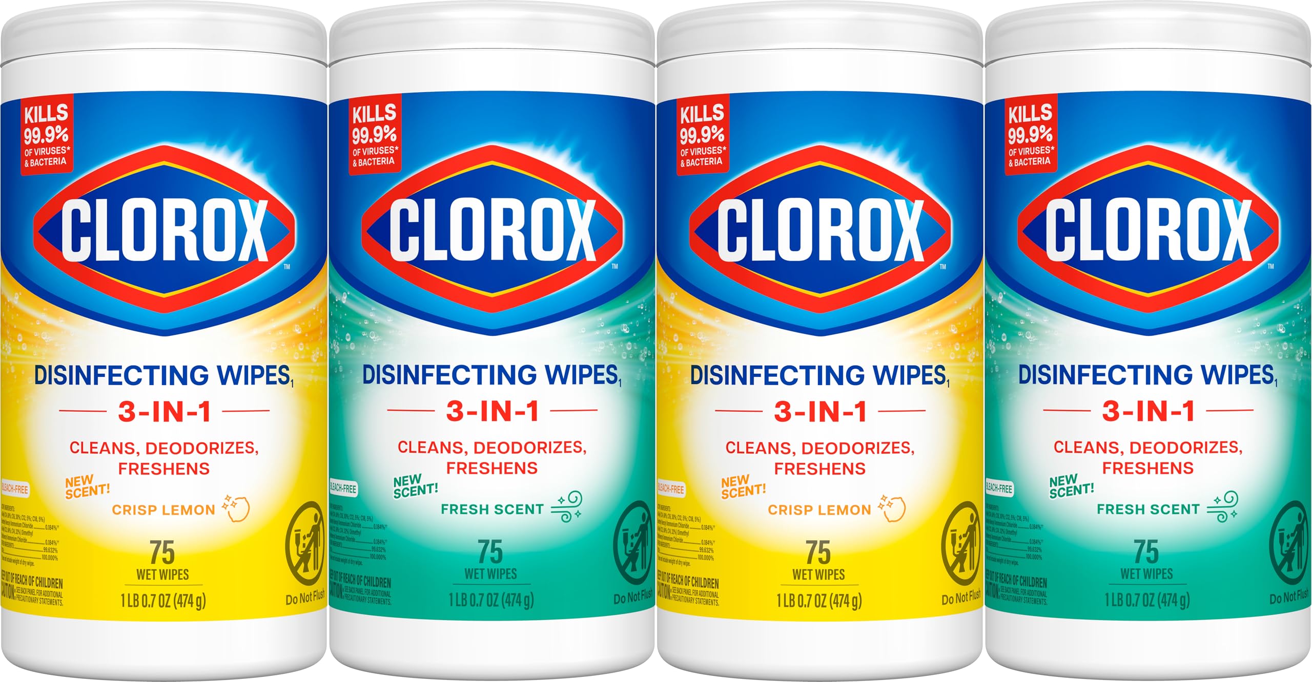 Clorox Disinfecting Cleaning Wipes Variety Pack, 75 Count Each, Pack of 4 (Package May Vary)