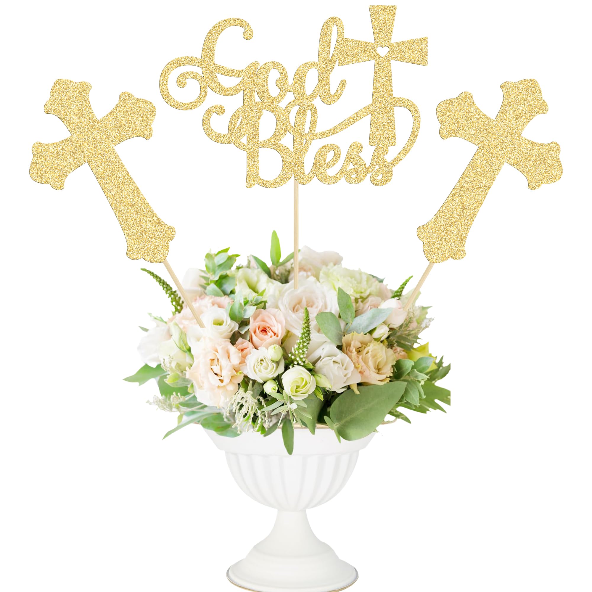 Gyufise 12Pcs God Bless and Cross Centerpiece Sticks Double Sided Cross God Bless Table Flower Centerpieces Sticks First Communion Baptism Decorations