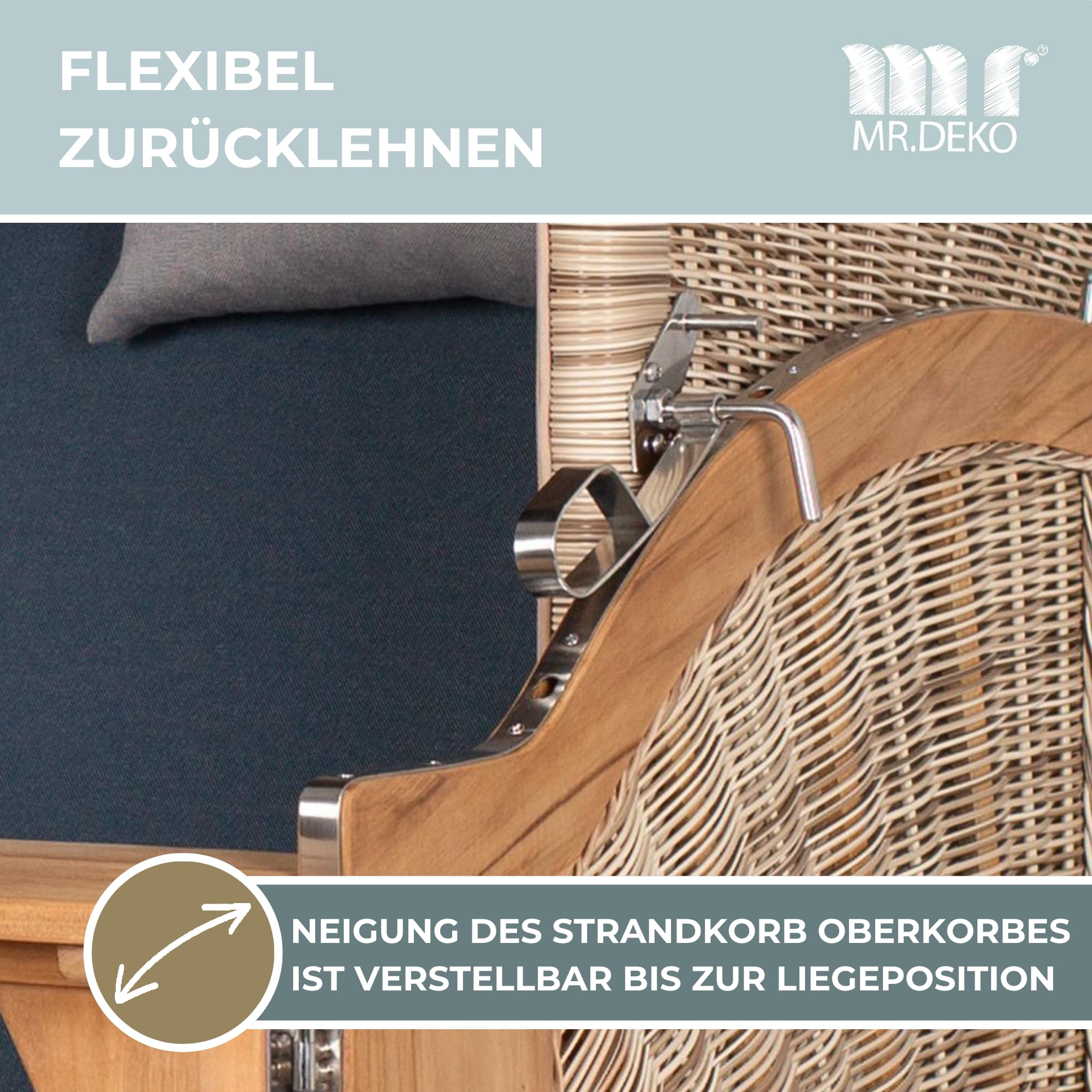 MR. DEKO® Strandkorb Düne Teak 2-Sitzer Bullauge | PE Geflecht Shell | Volllieger Strandstuhl verstellbar | inkl. 4 Kissen Wechselpolster | Strandkörbe fertig montiert aus Teakholz | (Dessin 593)