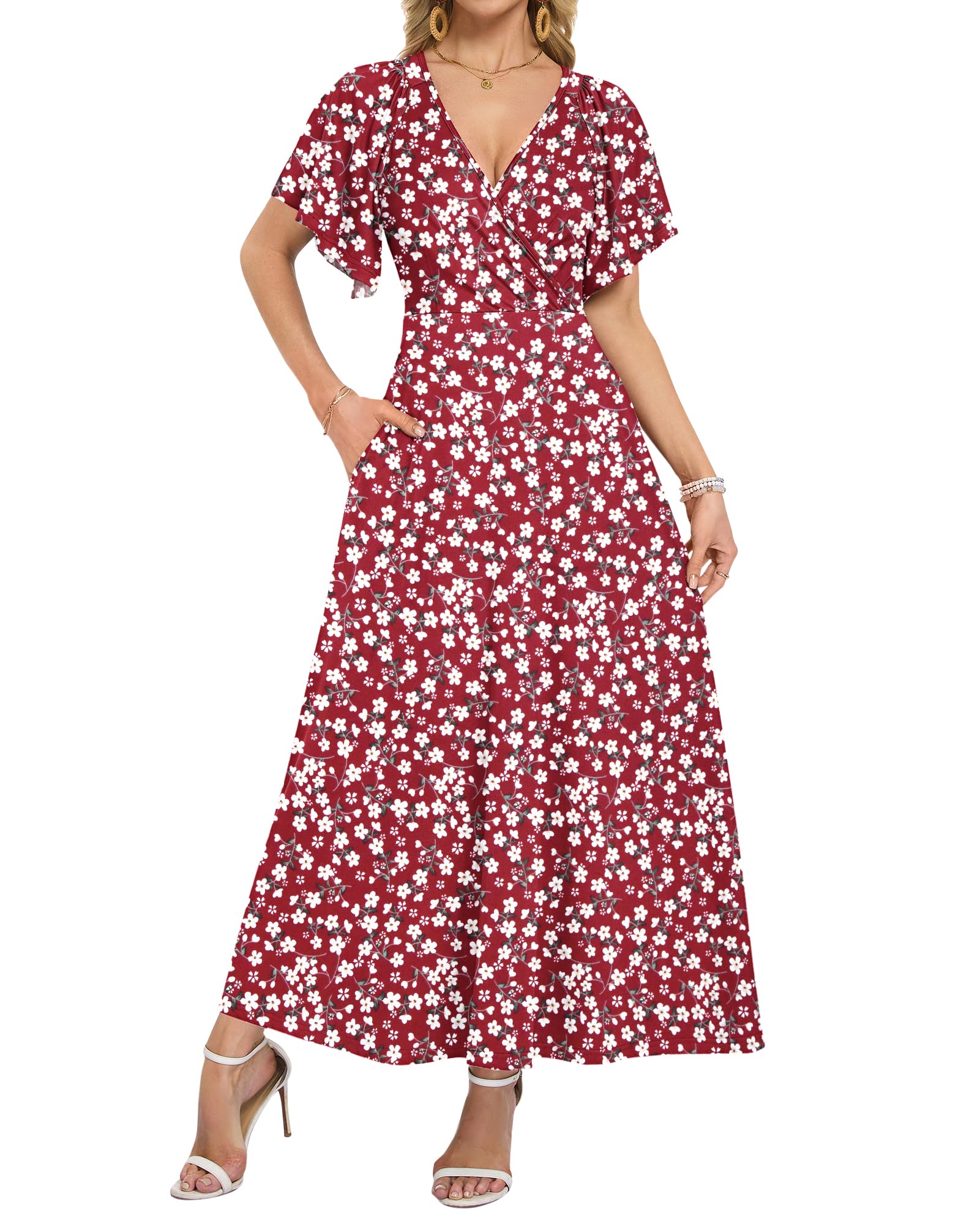 WNEEDU Robes d'été pour Femme Robe Longue à col en V Profond Robe Portefeuille élégante avec Poches