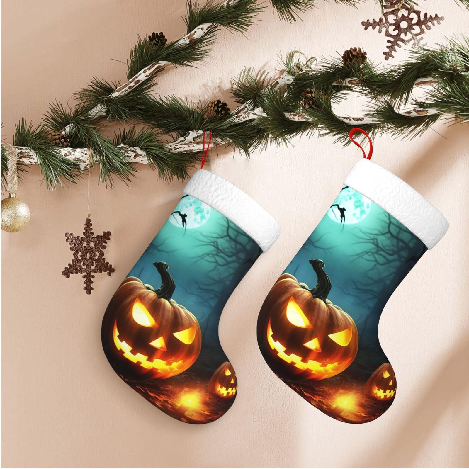 Happy Halloween Pumpkins Christmas Stockings Velvet Xmas Fireplace Hanging Stocking with Plush Cuff Rustic Christmas Santa Stockings for Home Christmas Decorations Party Favor Supplies