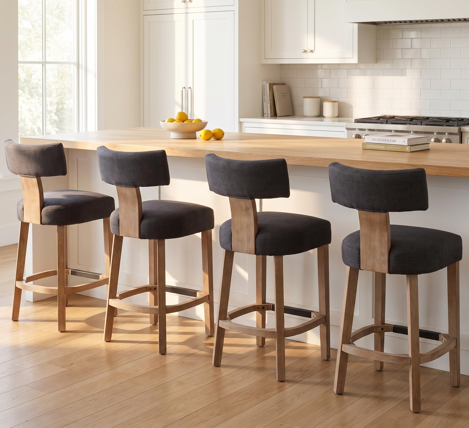 RIVOVA 26” Bar Stools Set of 4 Counter Height Bar Stools Modern Kitchen Bar Stools with Back and Solid Wood Legs, Farmhouse Upholstered Island Stools Countertop Bar Chairs, Charcoal