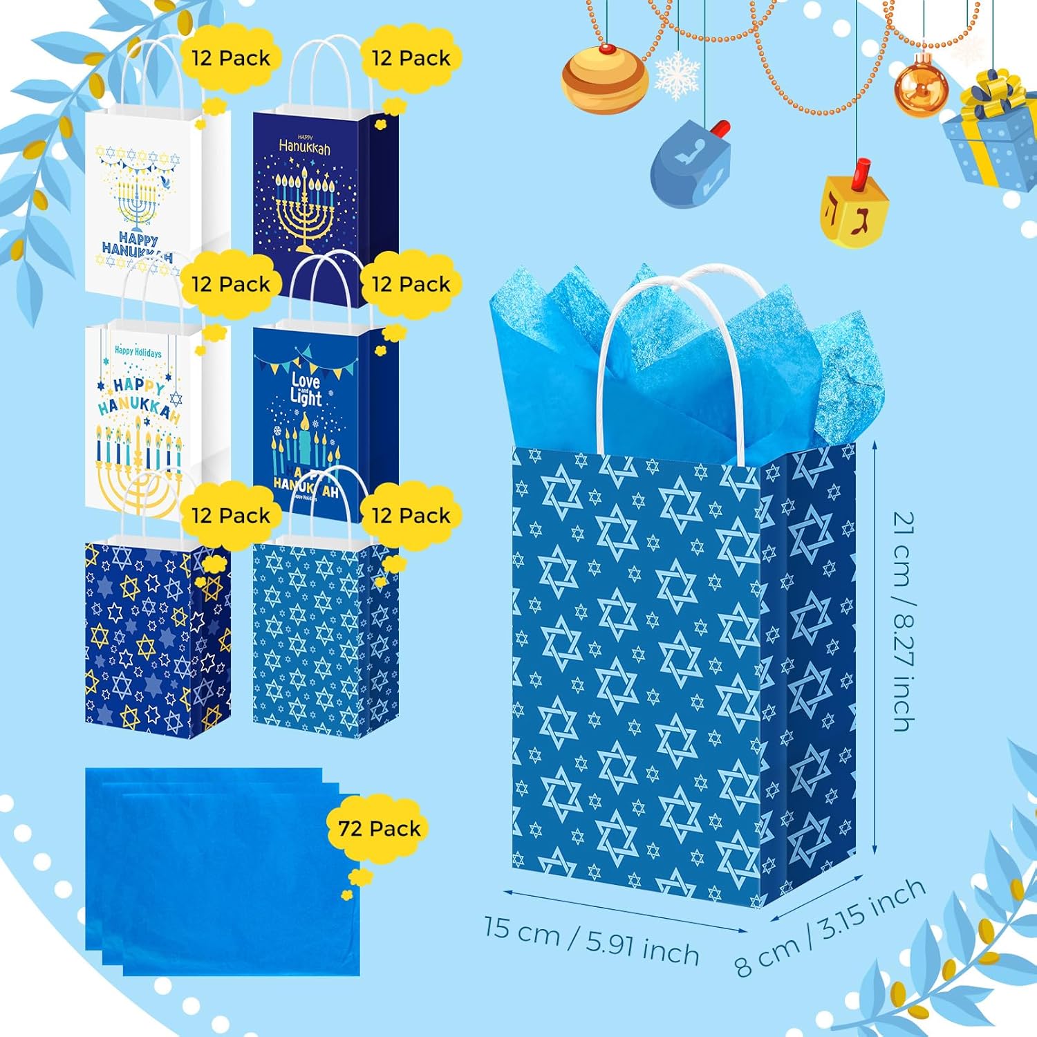 Patelai 72 Pieces Hanukkah Gift Bag Bulk with Blue Tissue Paper Chanukah Gift Bag with Handle Hanukkah Goodie Bags for Holiday Gifts Wrapping Party Favors Supplies