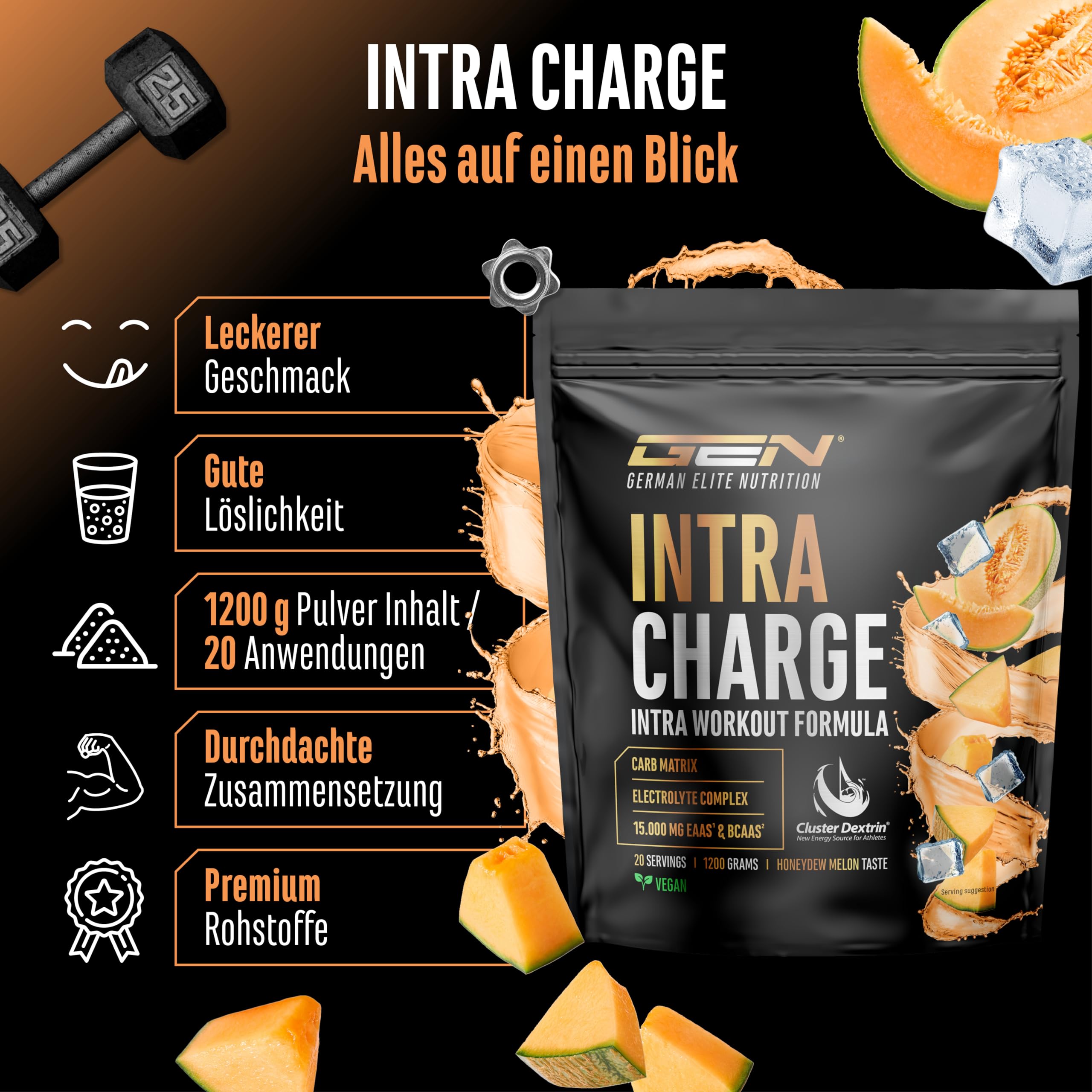 Intra Charge Workout Drink 1,2kg - Hochdosierter Komplex mit Cluster Dextrin®, allen 9 essentiellen EAAs & BCAAs, L-Glutamin, L-Glycin, Taurin, Elektrolyte Matrix - vegan (Honigmelone)