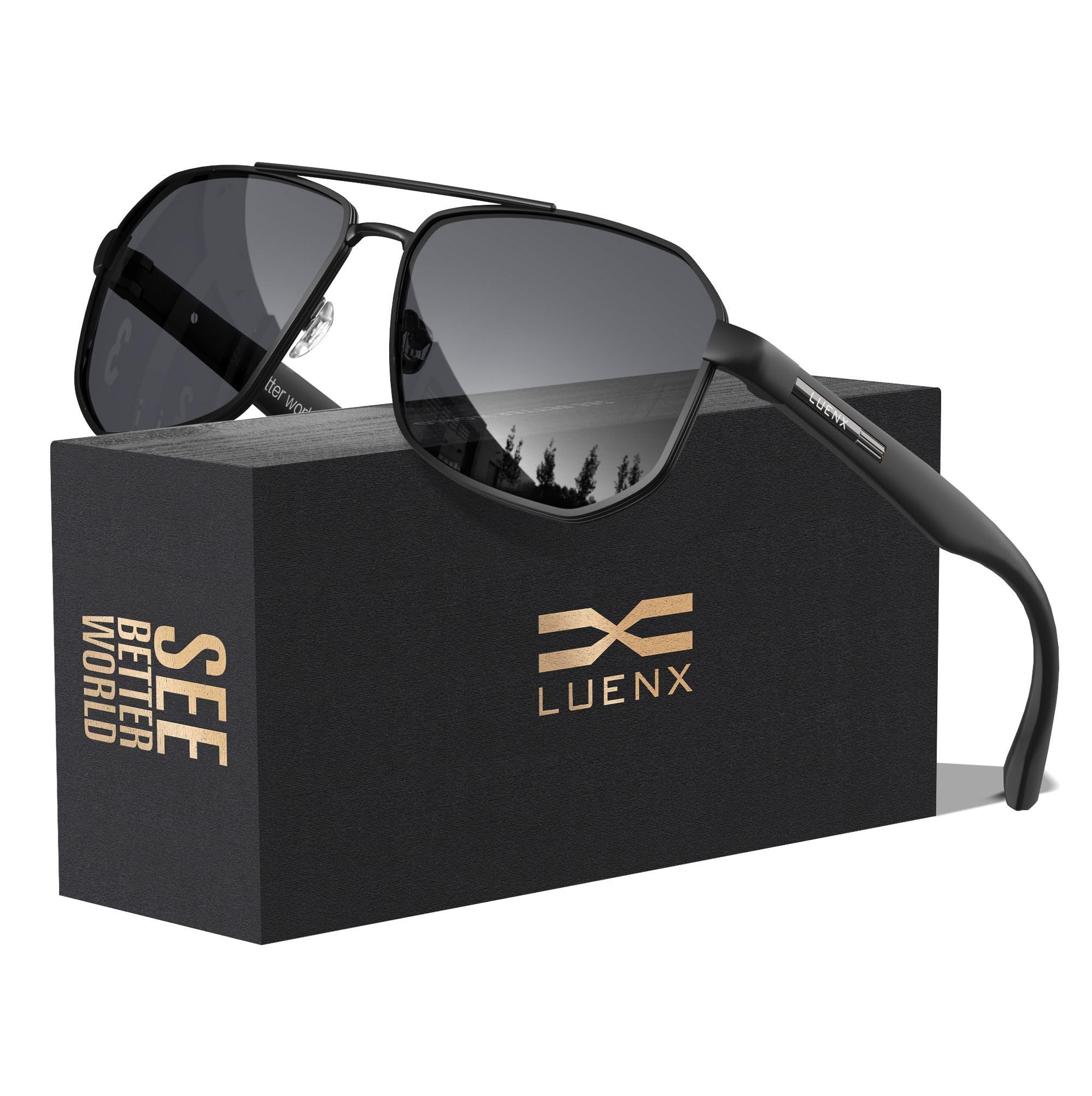 LUENX Aviator Sunglasses for Men Square Polarized Polygon Shades UV400 Sun Glasses with Accessories