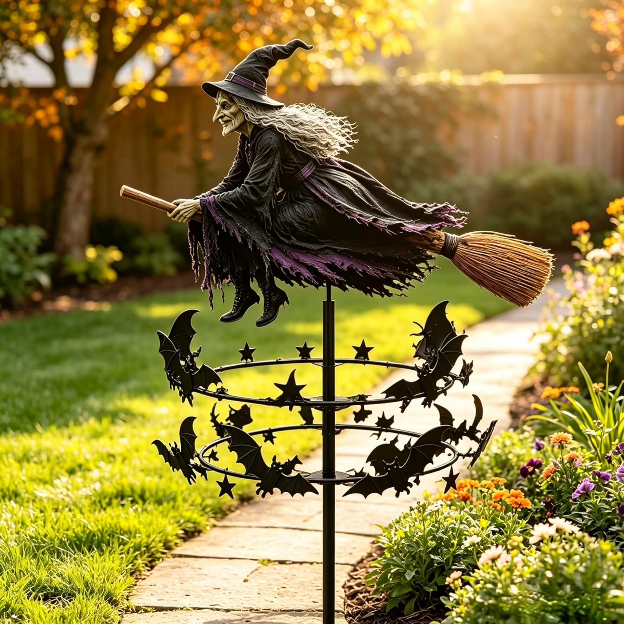 The Enchanted Witch Garden Wind Spinner, Metal Halloween Yard Art Stake Halloween Lawn Ornament, Magic Witches Garden Windmill for Garden Patio Pathway Fall Decorations
