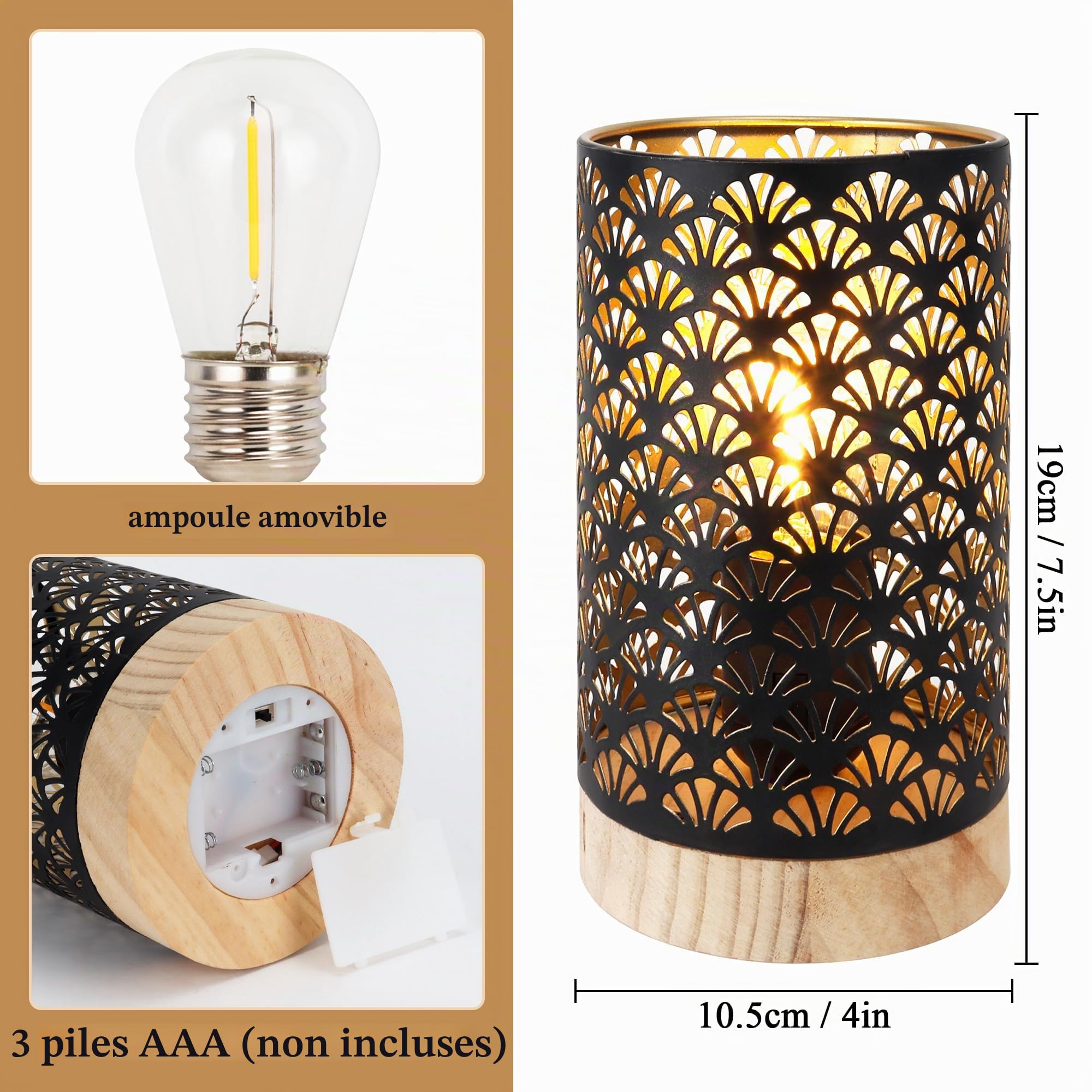JHY DESIGN Lot de 2 lampes en métal fonctionnant avec piles - Hauteur - Avec minuterie de 6 heures - Pour mariage, fête, terrasse, jardin, intérieur, extérieur, table, balcon (base en bois)