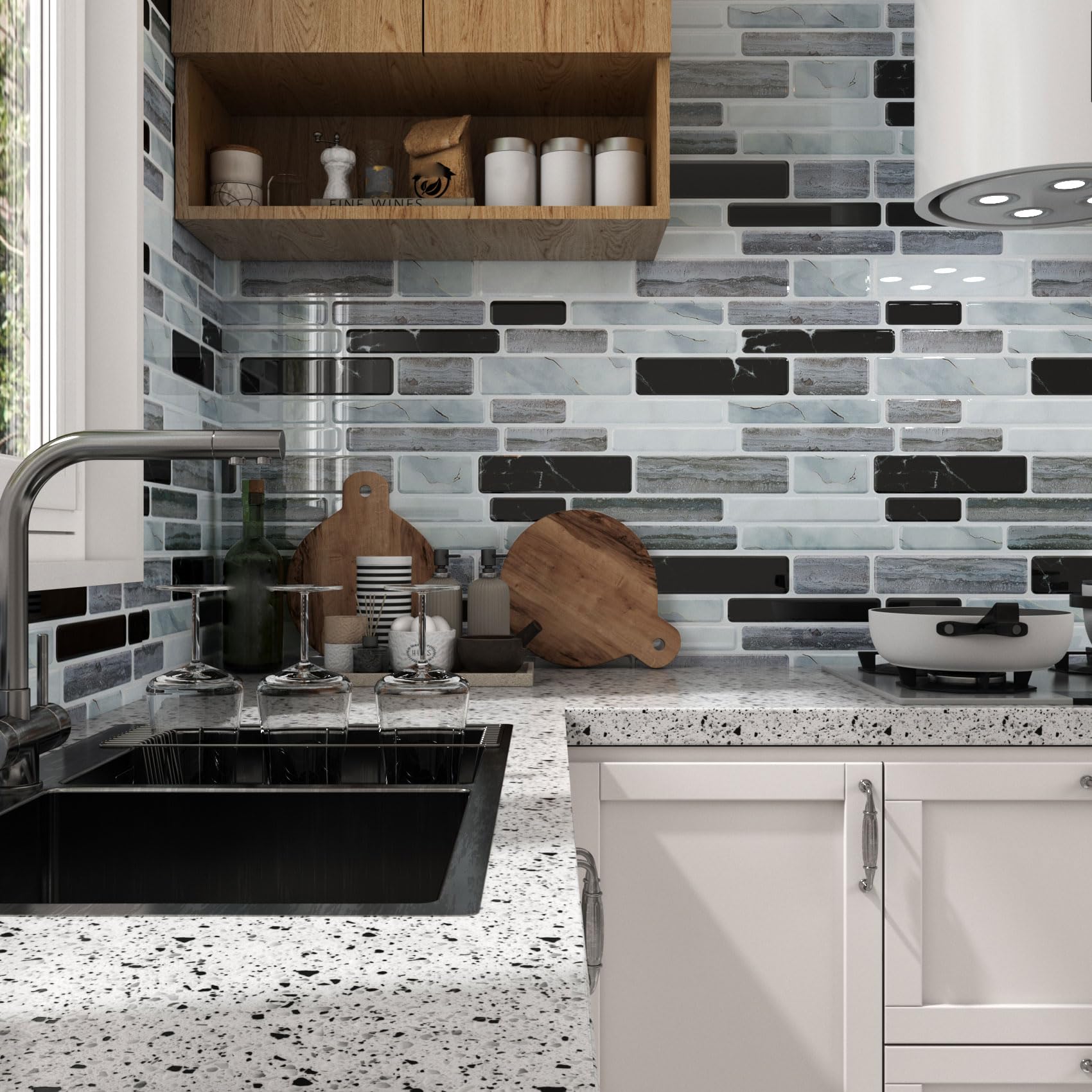 LaCheery 18 Pezzo Piastrelle Adesive Bagno Marmo Grigio Nero Mattonelle Adesive Muro 30.5cm x 30.5cm Piastrelle Adesivo Marmo Vinile Impermeabile Paraschizzi Cucina Adesivo 3D per Bagno Autoadesiva