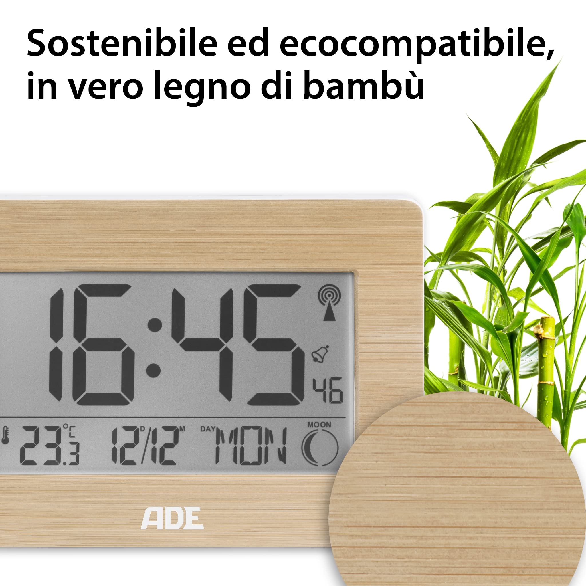 Orologio Digitale ADE Con Bambù - Sveglia, Calendario, Termometro, Fasi Lunari, RadioControllato DCF - Foto 10