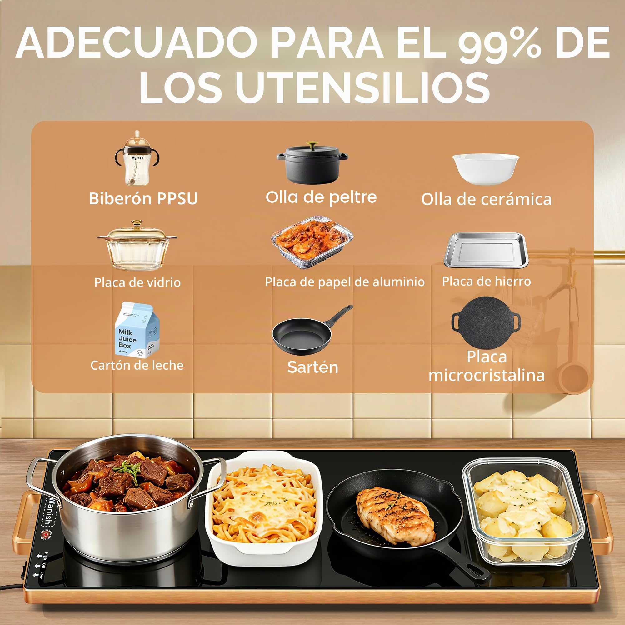 Bandeja de calentamiento eléctrica (XXL 32 x 18 pulgadas), calentadores de alimentos para fiestas de bufé con termostato y calefacción de superficie completa, alfombrilla de calentamiento de vidrio