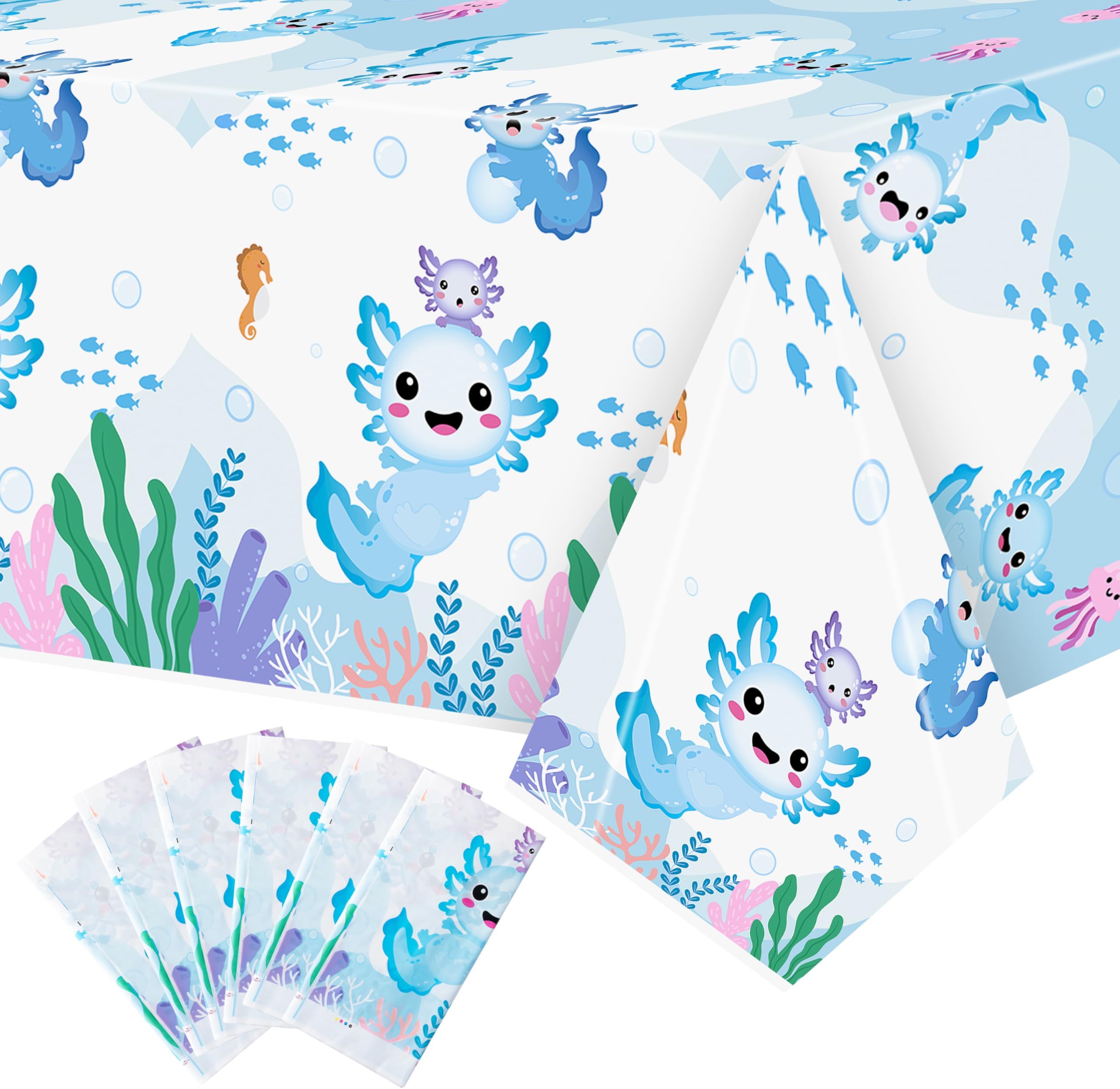 6 Packs Blue Cartoon Axolotl Party Table Cover, Reptile Animals Waterproof Disposable Tablecover, Plastic Rectangle Tablecloth for Kids Axolotl Birthday Baby Shower Party Supplies, 86x51 inch