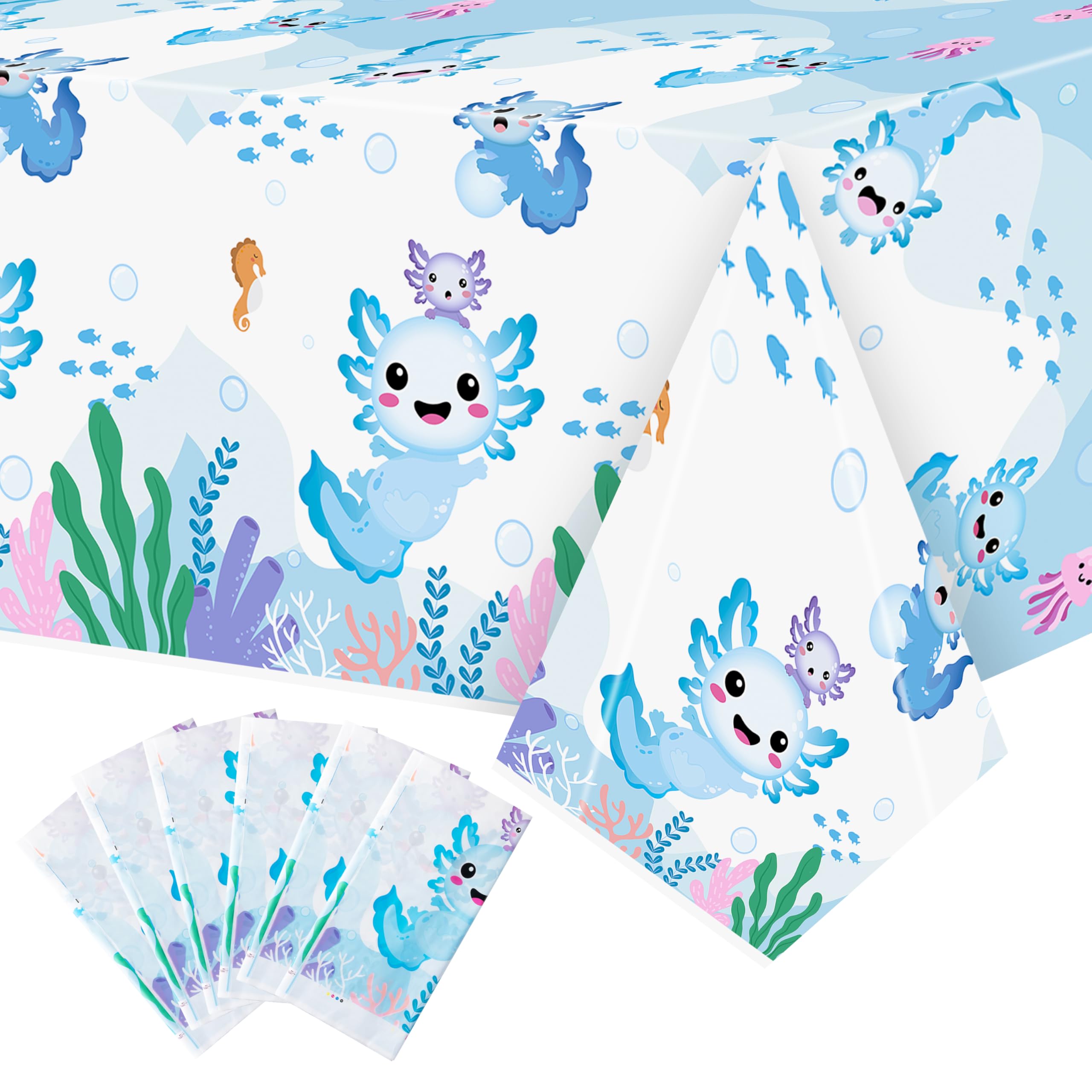 6 Packs Blue Cartoon Axolotl Party Table Cover, Reptile Animals Waterproof Disposable Tablecover, Plastic Rectangle Tablecloth for Kids Axolotl Birthday Baby Shower Party Supplies, 86x51 inch