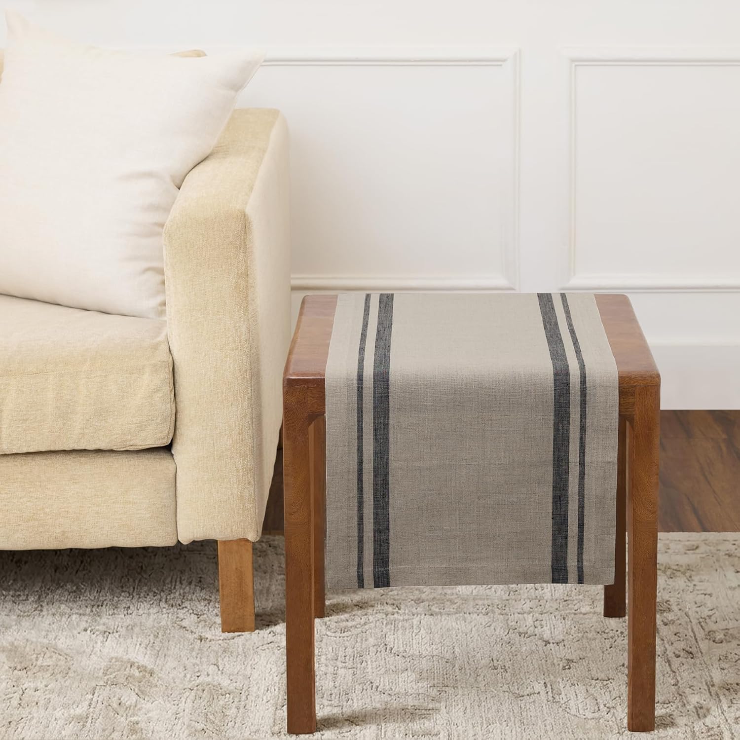 Solino Home Striped Linen Table Runner 36 Inches - 100% Pure Linen Black and Natural French Stripe Small Table Runner 14 x 36 Inch Ideal for Dresser and Coffee Tables - Spring, Summer