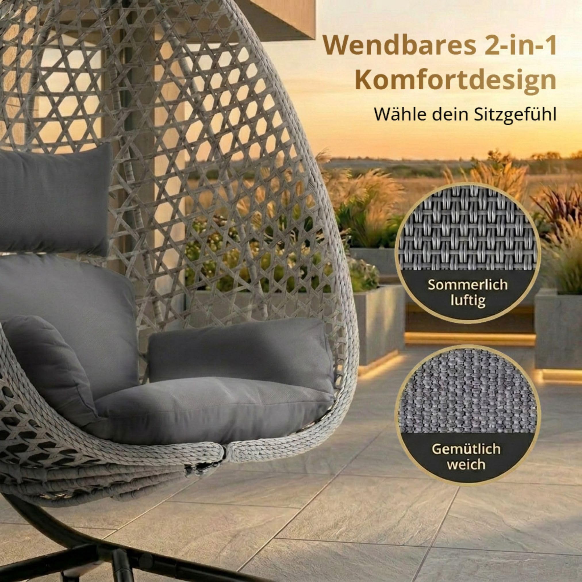Luxus Hängesessel mit Gestell für Outdoor & Indoor – Ganzjähriger Loungesessel mit Sommer-/Winter-Wendebezug, bis 150 kg belastbar, inklusive robuster Abdeckplane, faltbar, Grau