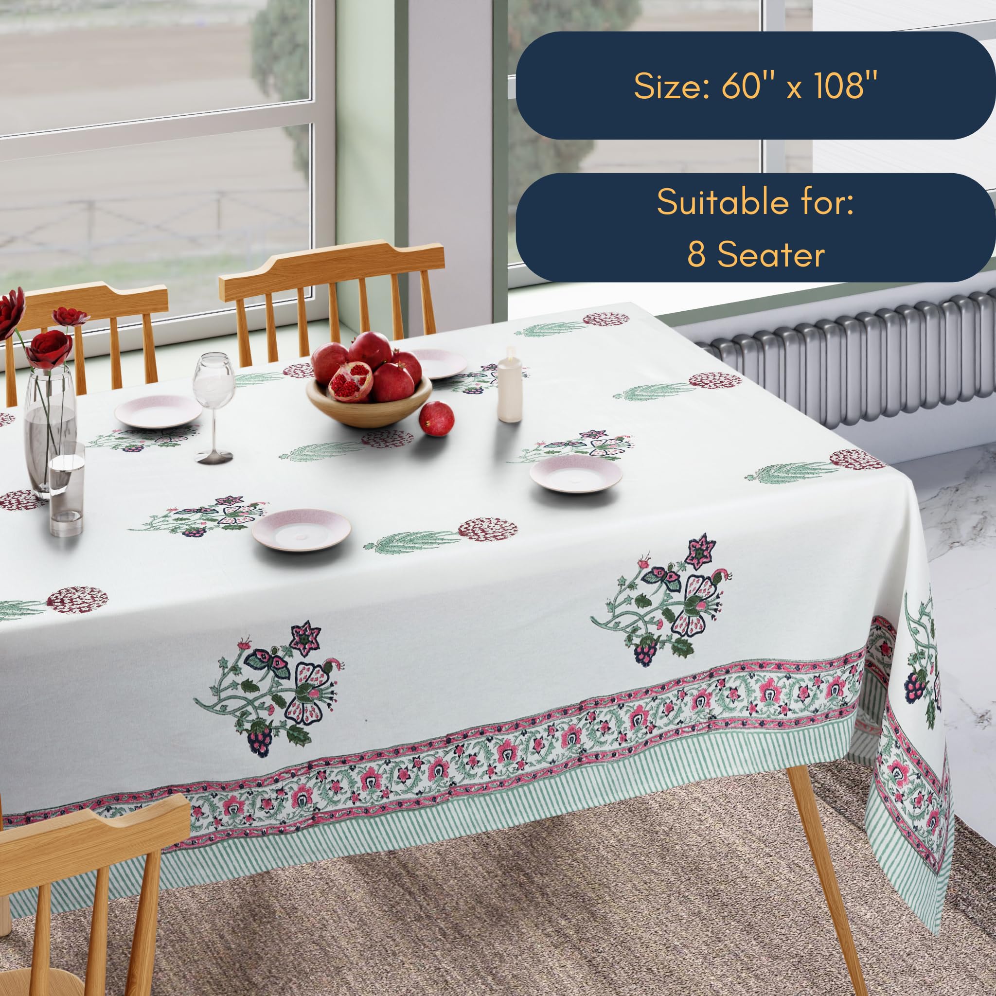 NIRVELLA Rectangle Table Cloth - Cotton Linen Block Print Tablecloth - 60x108 Inch 8 Seater - Boho Farmhouse Decor Indoor Outdoor Picnic Party Banquet Wedding Dining- Provence Meadow (White Green Red) 4