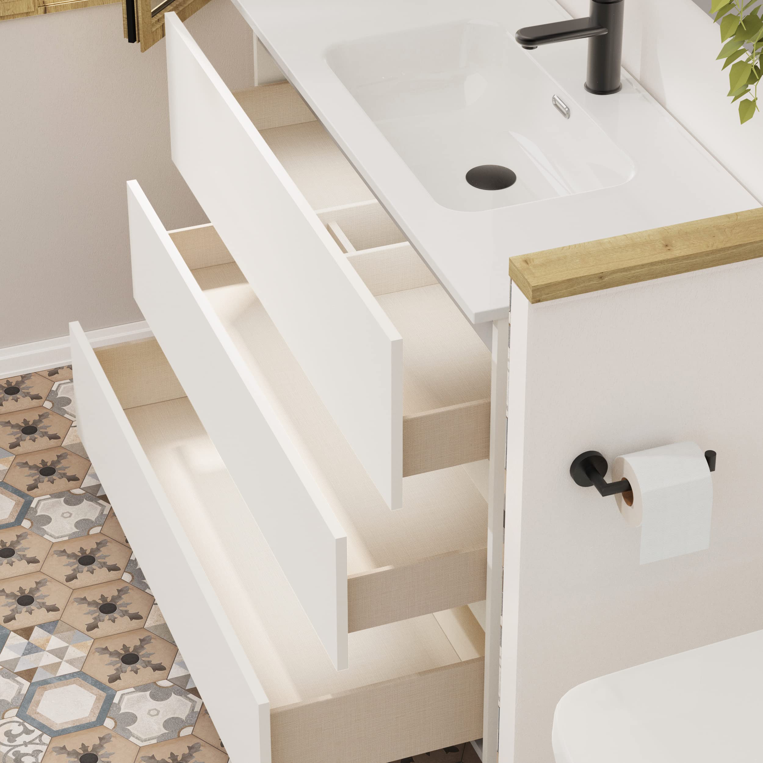 Baikal | Conjunto Completo de Mueble de Baño Suspendido a la Pared con Lavabo Cerámico y Espejo | Tres Cajones, Cierre Amortiguado, Melamina 16mm | Mueble MONTADO | Blanco Mate | 100cm