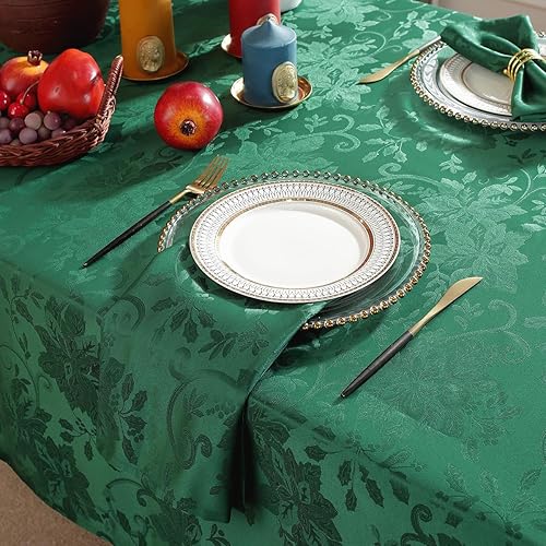 Miniatura 7 de SASTYBALE Mantel de Navidad rectangular de 60 x 84 pulgadas, mantel de flor de Pascua jacquard verde, lavable, antiarrugas, resistente, para