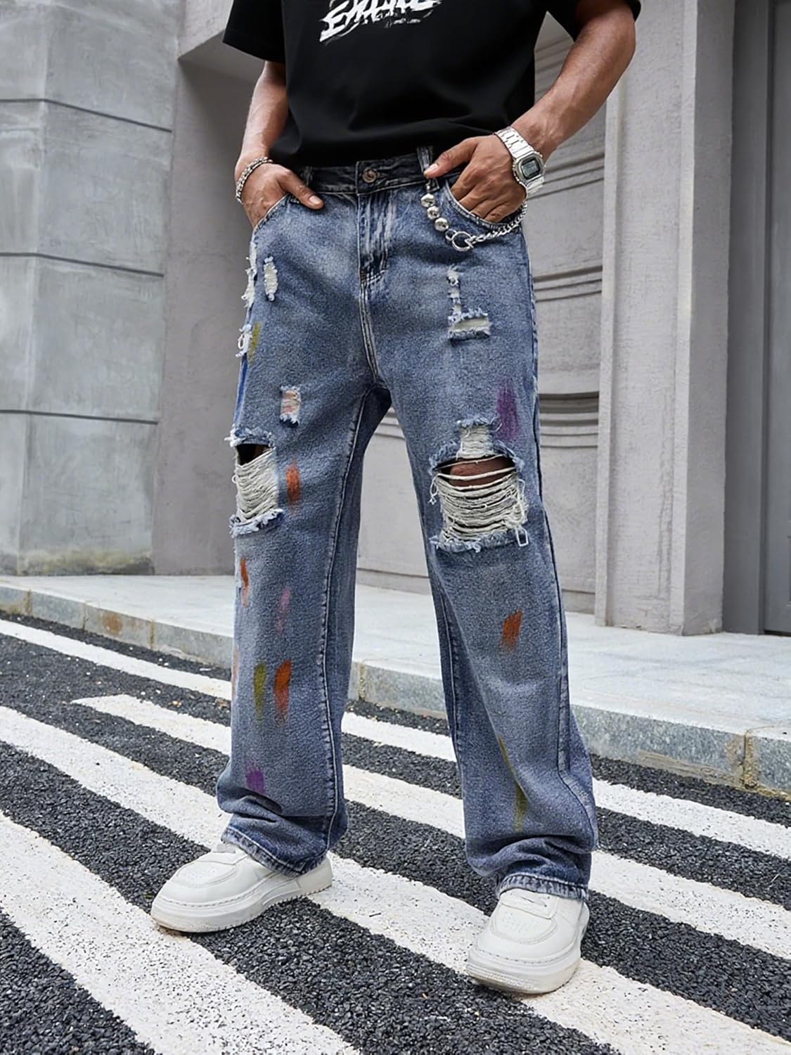 Mens Ripped Jeans Relaxed Fit Straight Leg Y2K Denim Pants Hip hop Streetwear Trousers - Image 3