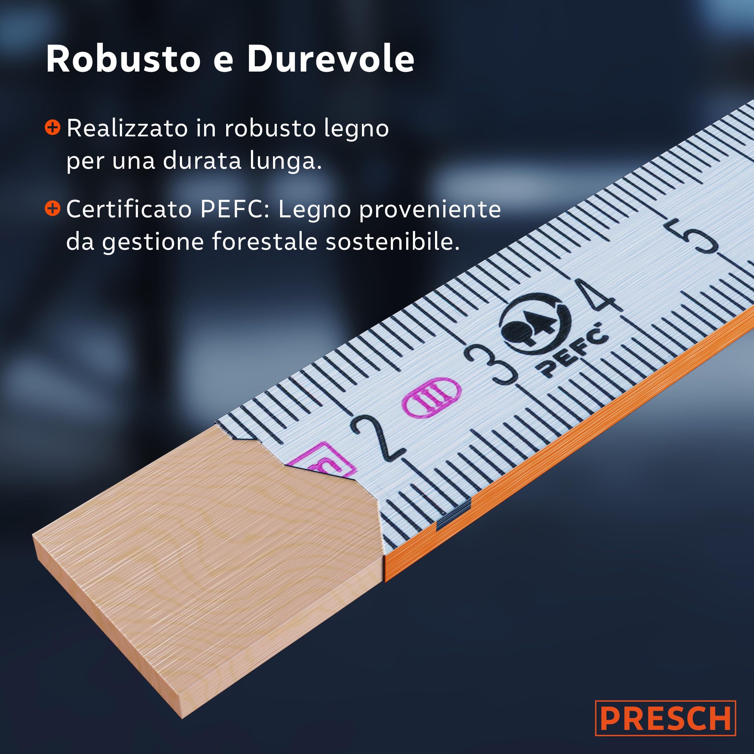 Presch Set di Metri pieghevole da 2 metri con scala degli angoli | 6 pz. | Legno | Arancione/Blu | Numeri grandi e facilmente leggibili | Incastro preciso | Metro legno pieghevole, metro righello