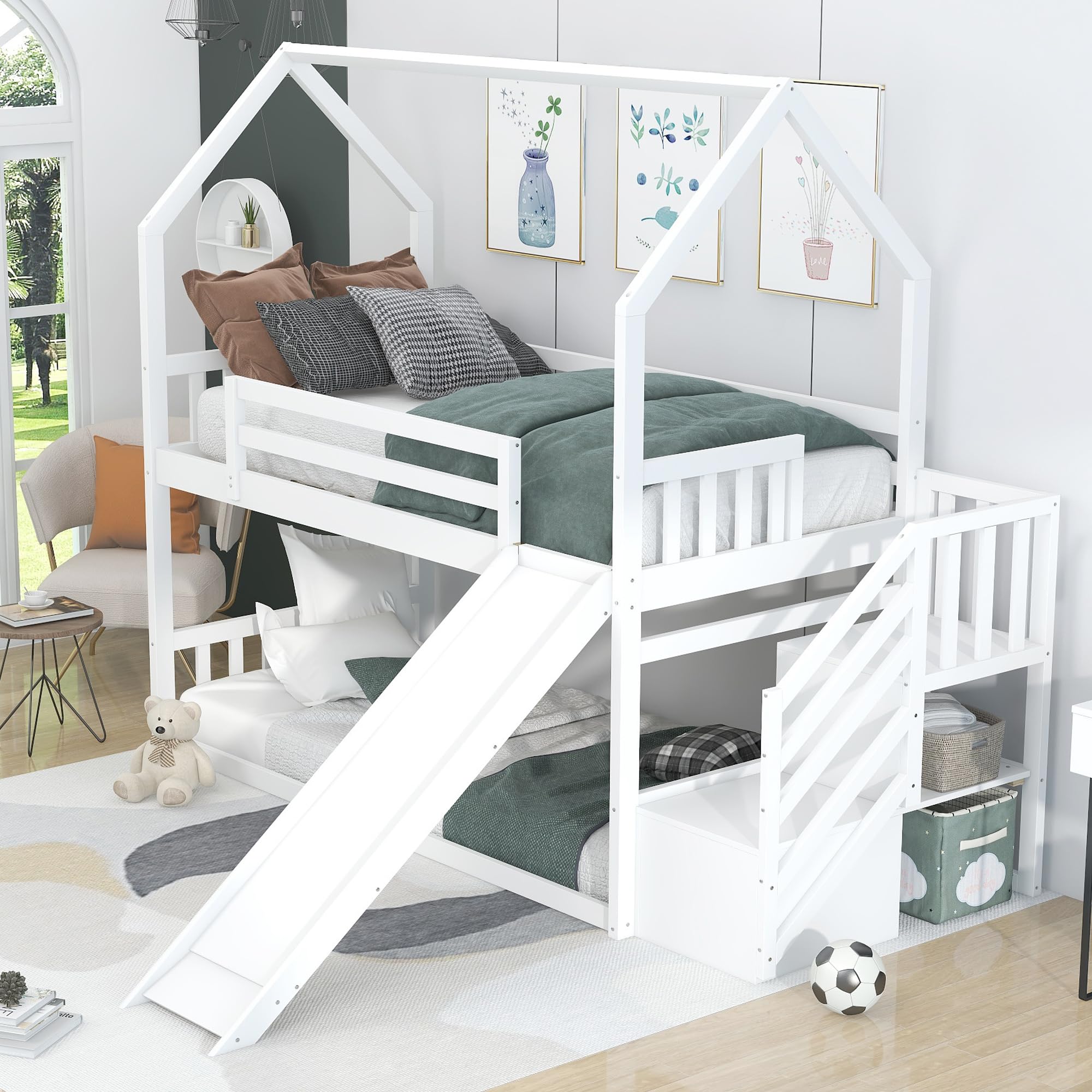 White Softsea Twin Over Twin House Bunk Bed with Convertible Slide for Teens and Adults
| Solid Wood Softsea Twin Over