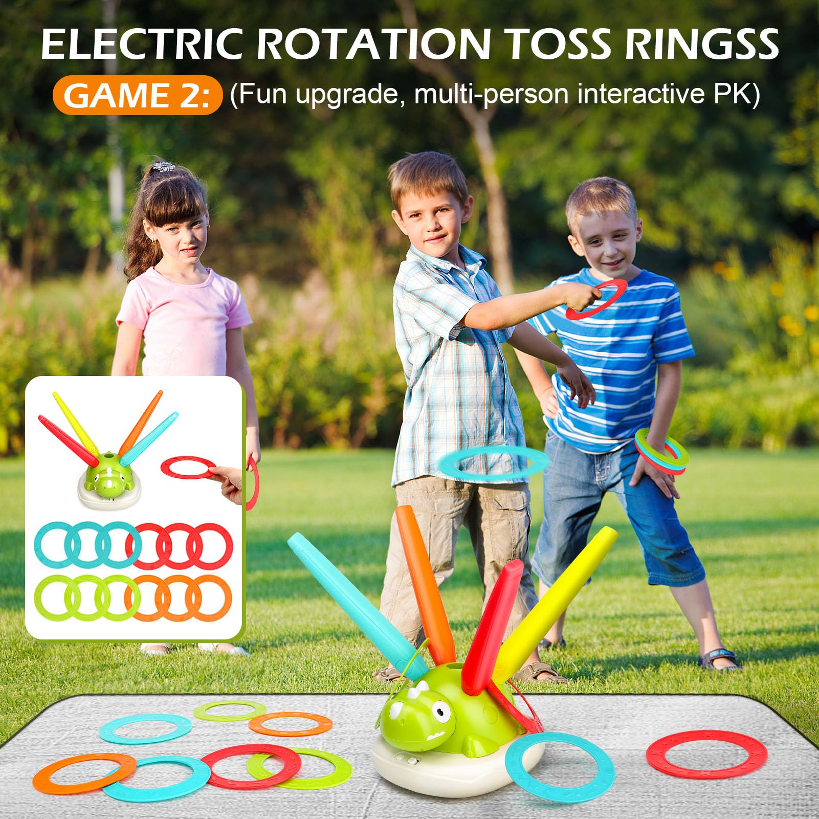 3 in 1 Outdoor Spielzeug für Kinder,Ringwurfspiel /Seilspringmaschine Kinder/Schaumraketen Launcher,Sport & Outdoor-Spielzeug mit Musik, 4 Geschwindigkeiten,Garten Spielzeug für 3 4 5 6 7 8 9 Jahre