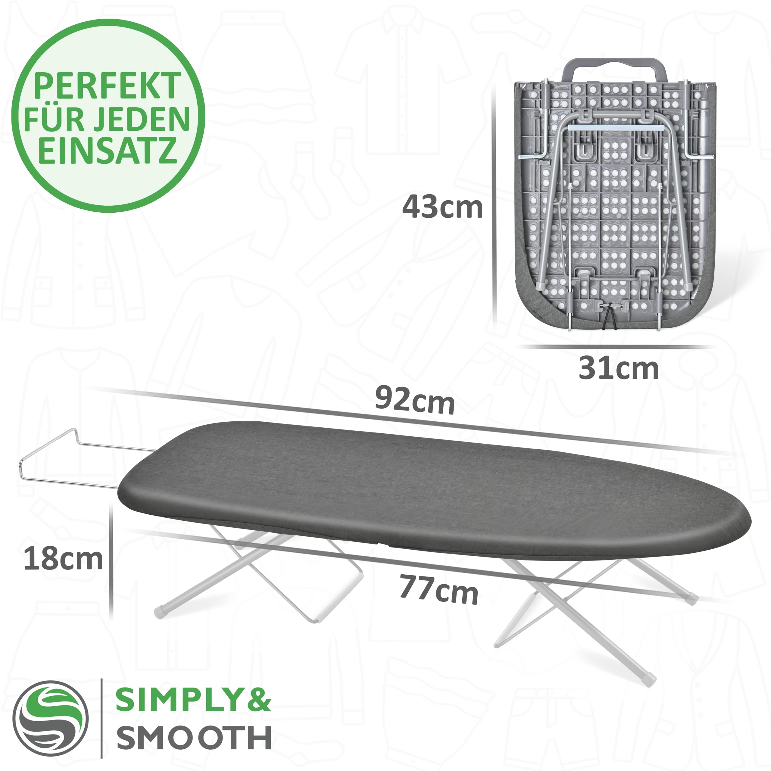 SimplySmooth Planche à Repasser Pliable avec Repose-Fer - Mini Table à Repasser de 77 x 30 cm - pour la Table avec poignée de Transport, Pieds en Caoutchouc et Housse de qualité