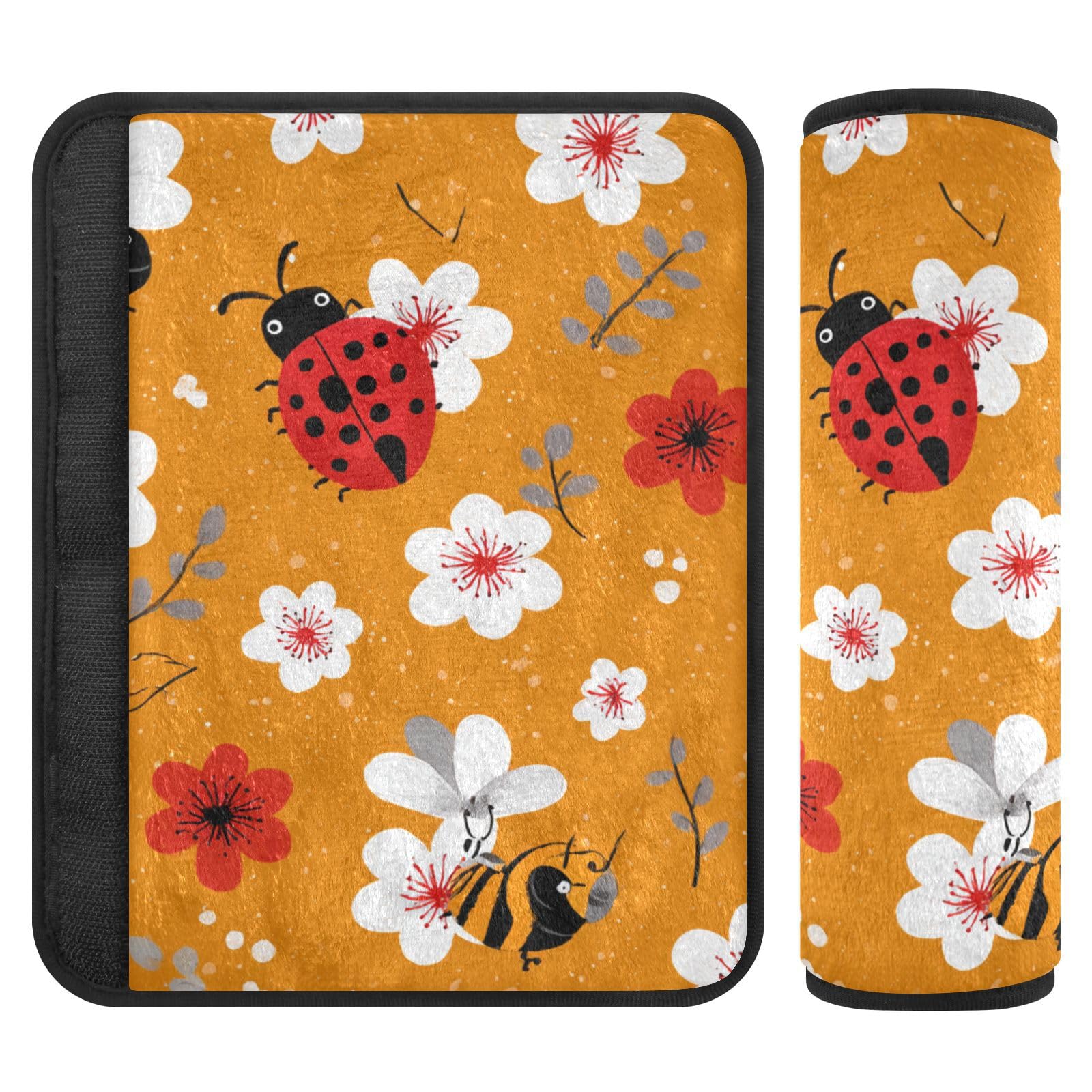 Orange Sakura and Bees Seat Belt Cover Pad 2 Pcs Soft Cute Seatbelt Covers Protector Support Head Neck Shoulder Strap for Car Seats High Chair Backpack for Adults Kids Women Men 6.5x6.5In 2 Pac