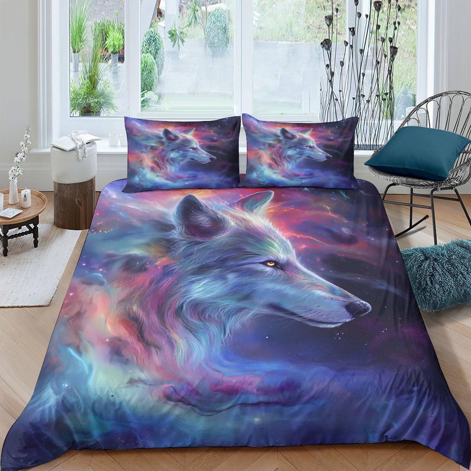 3D Printed Cosmic wolf Quilt Cover Brushed Microfiber Fantasy art style Comforter Cover Hypoallergenic Easy Care Friends Family Home Bedroom Use Double（200x200cm）