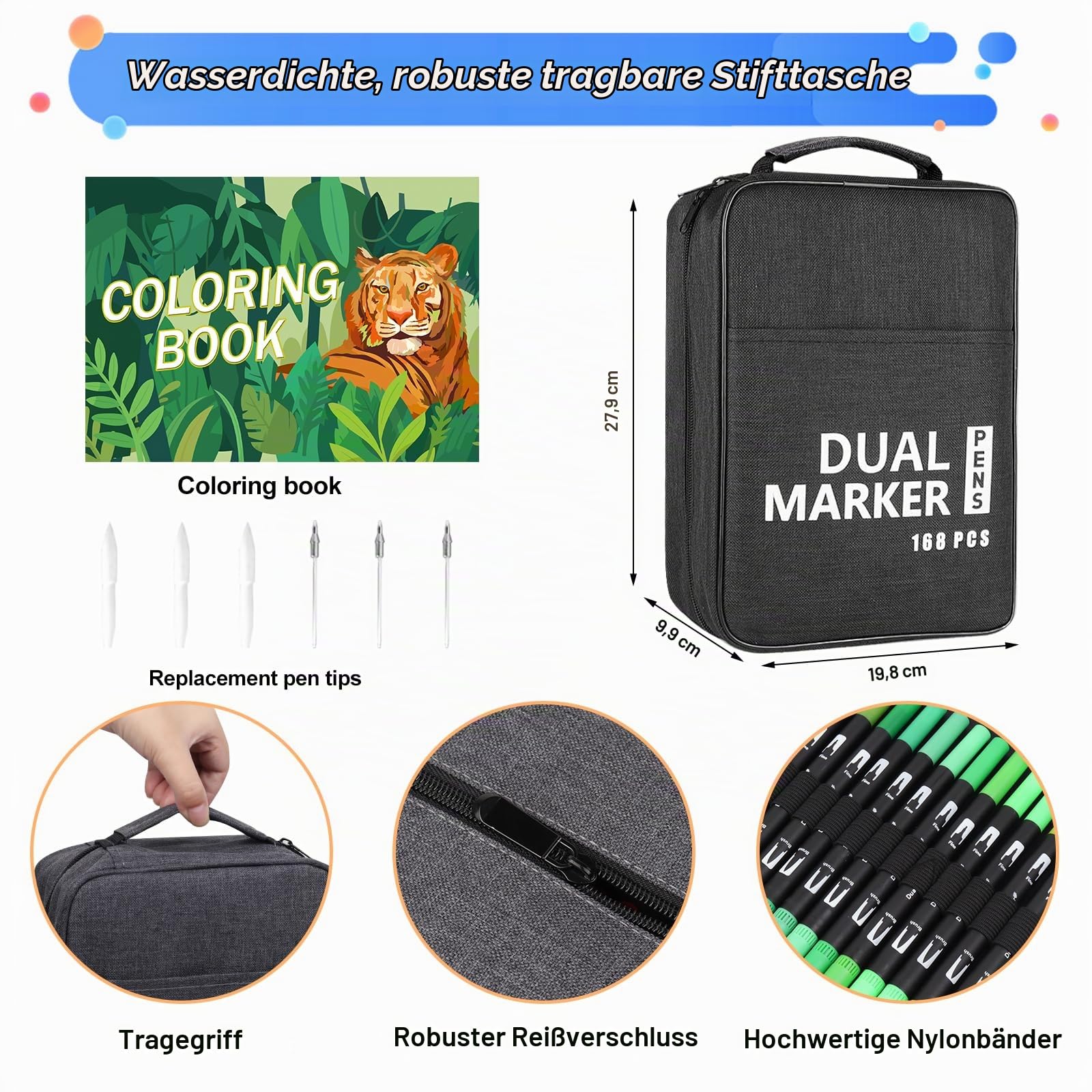 TrendGate Dual Brush Pen Set, 168 Farben Fineliner und Pinselstifte Set | Doppel Filzstifte Dicke und Dünne, mit Malbücher, schnelltrocknend, Ersatz-spitze, für Handlettering, Bullet Journal, Mandala