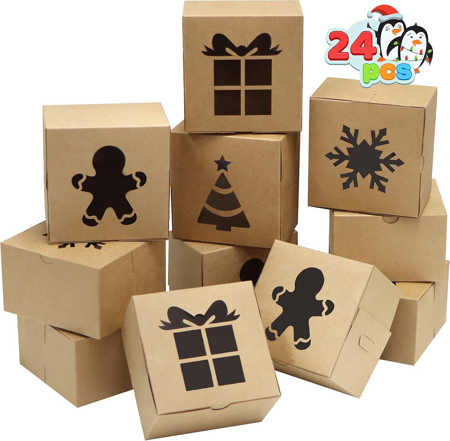 JOYIN 24 PCS Brown Bakery Boxes with Window, 4"x 4"x 2.5" Small Kraft Cookie Boxes for Christmas Cupcakes, Cookies, Brownies, Donuts, Truffles Gift-Giving